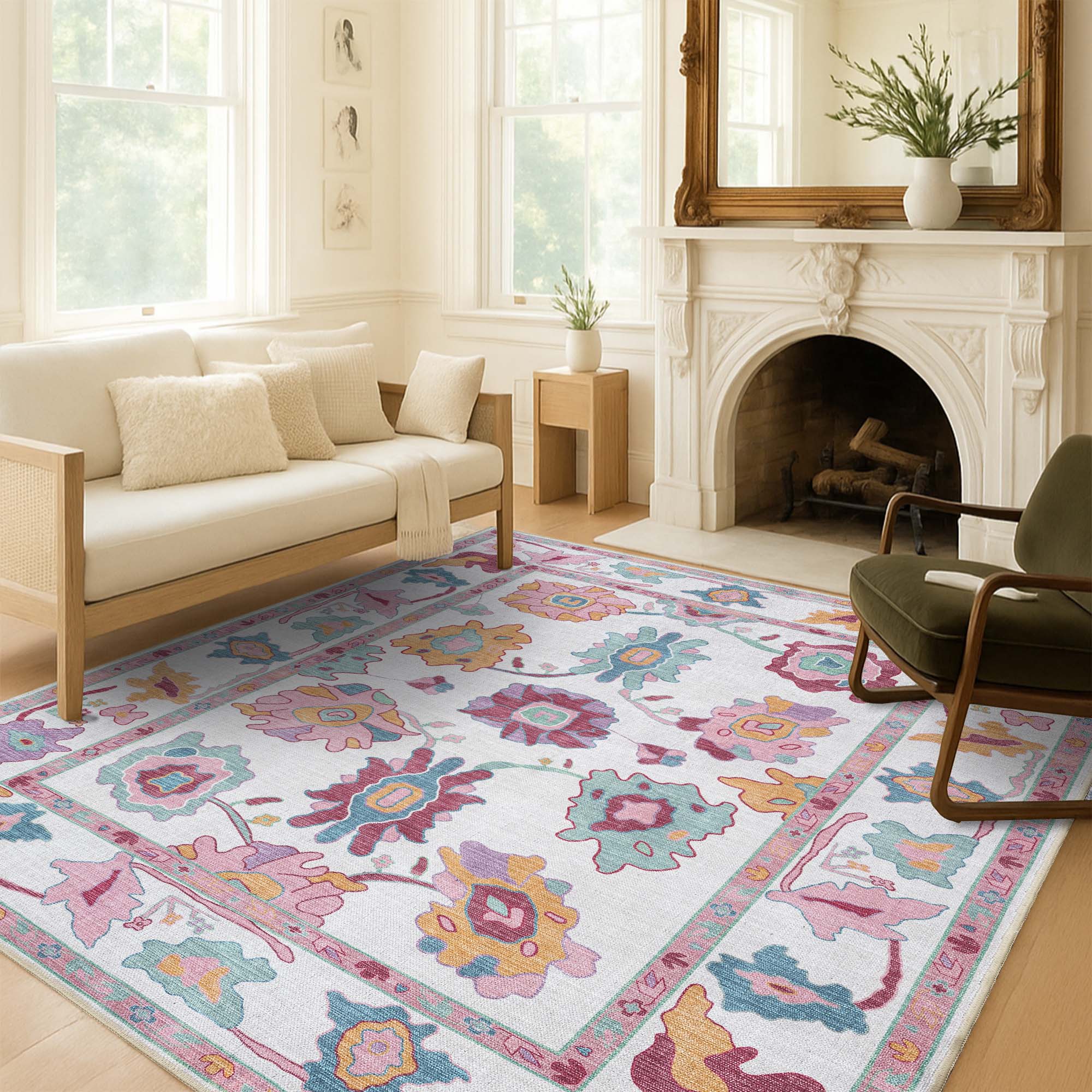 Florine Pastel Pink Orange Floral Oushak Rug