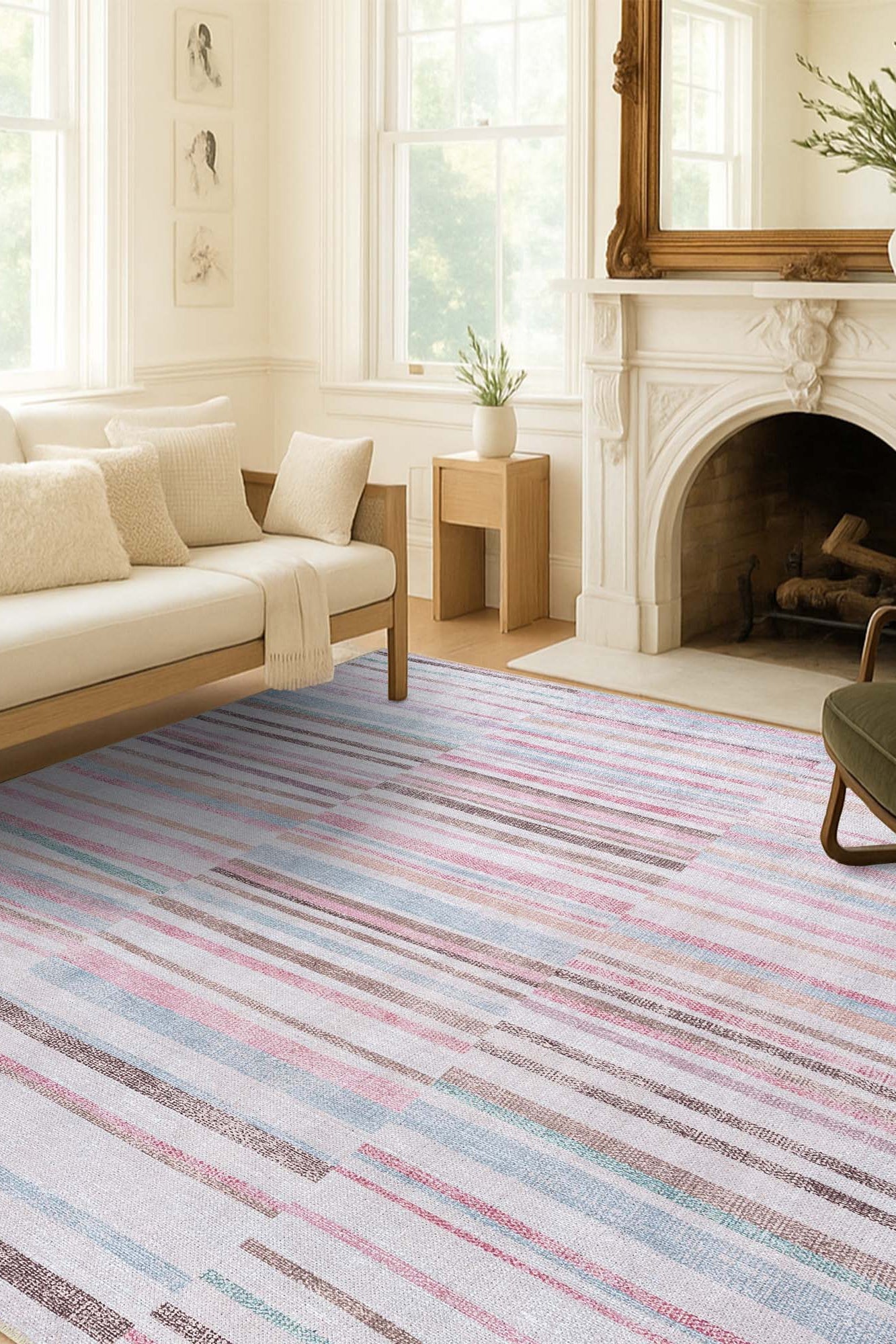 Kalia Faded Modern Turkish Striped Colorful Rug