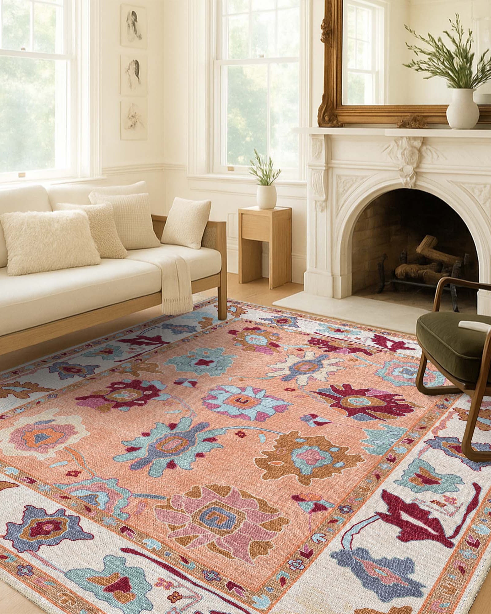 Soren Pastel Orange Floral Modern Oushak Rug