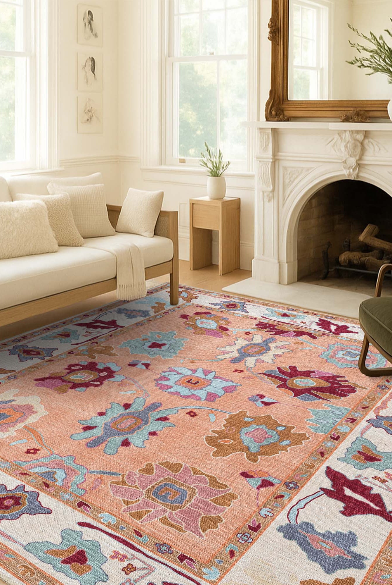 Soren Pastel Orange Floral Modern Oushak Rug