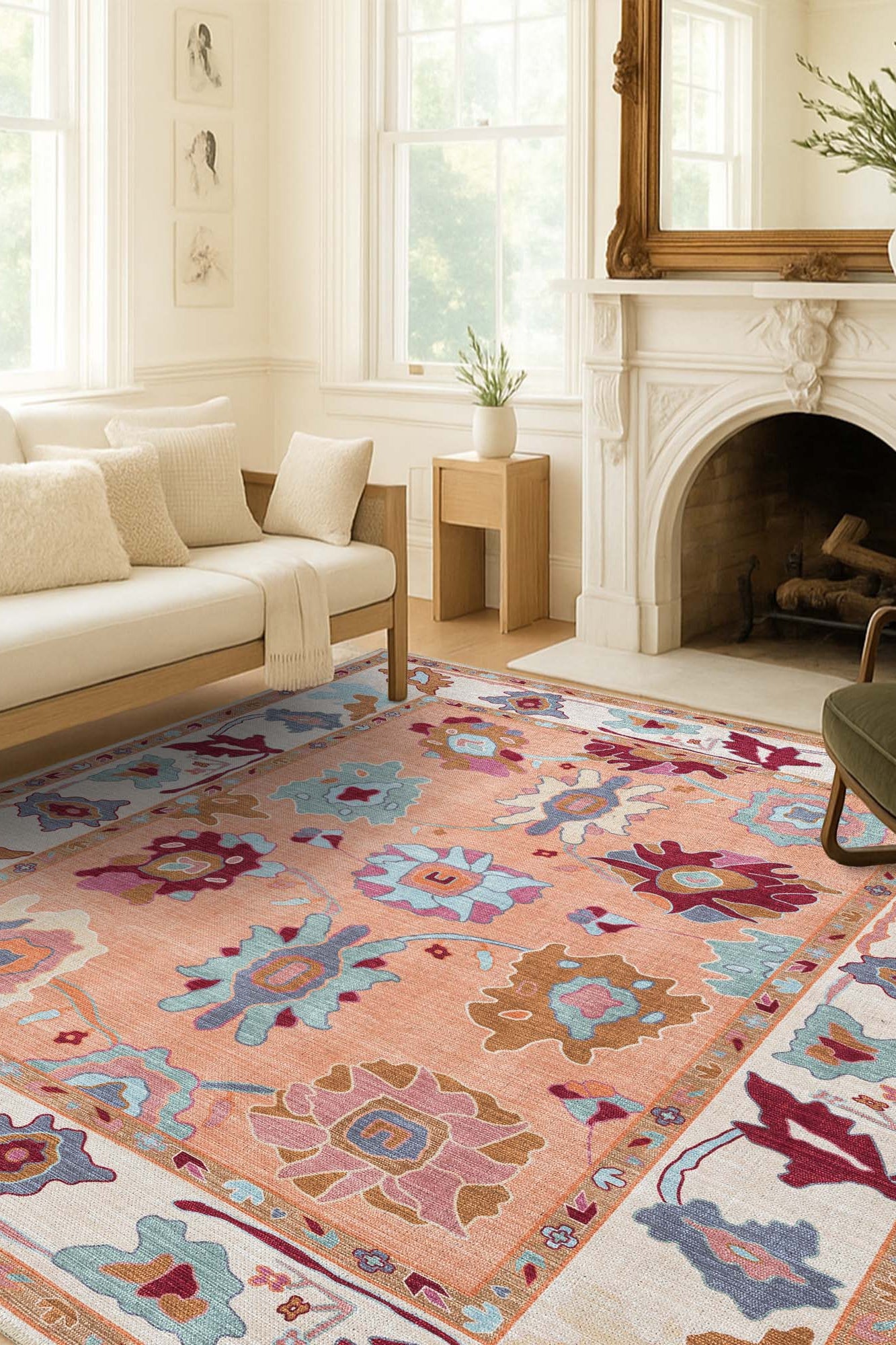 Soren Pastel Orange Floral Modern Oushak Rug