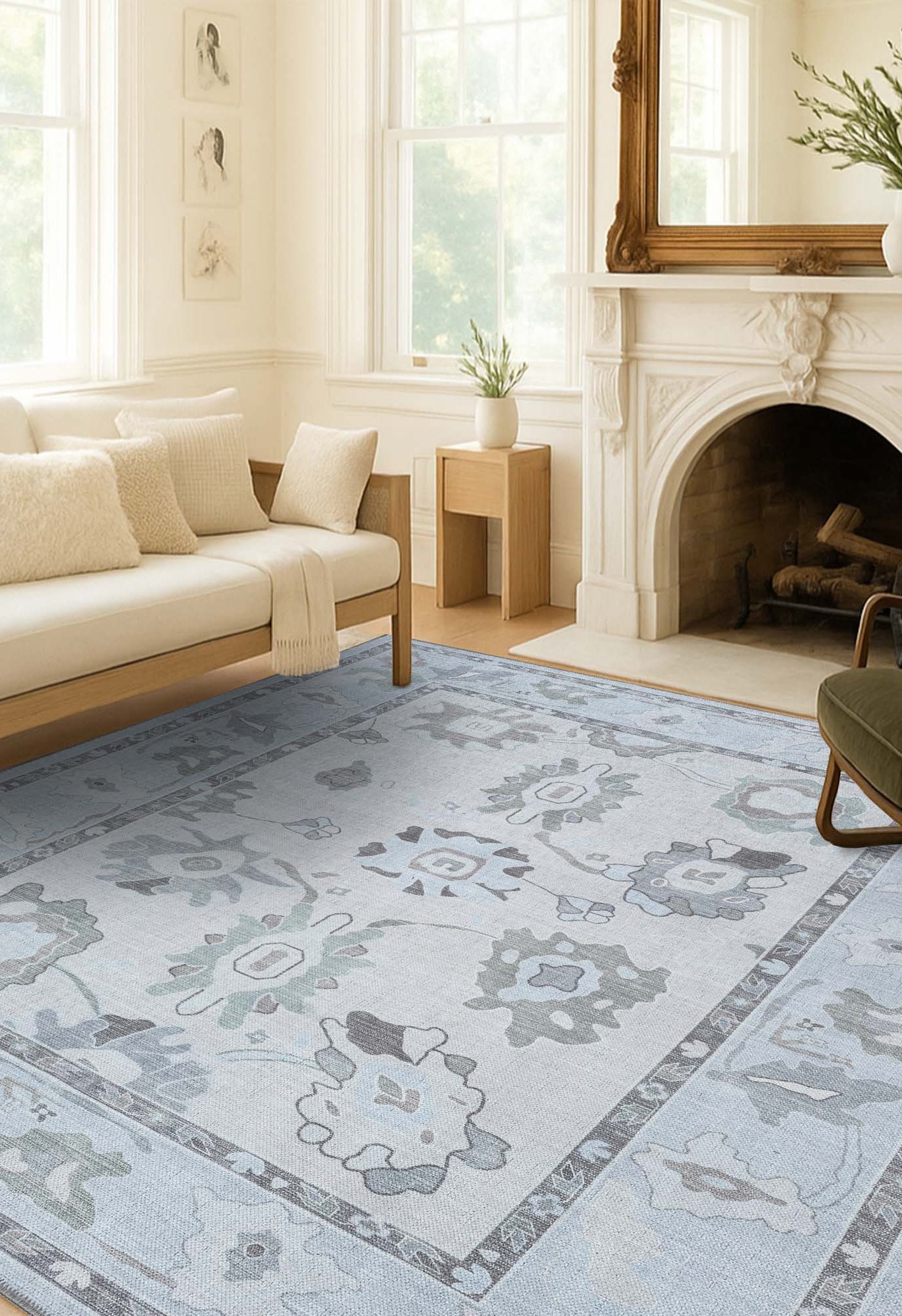 Vira Pastel Cream Beige Floral Modern Oushak Rug