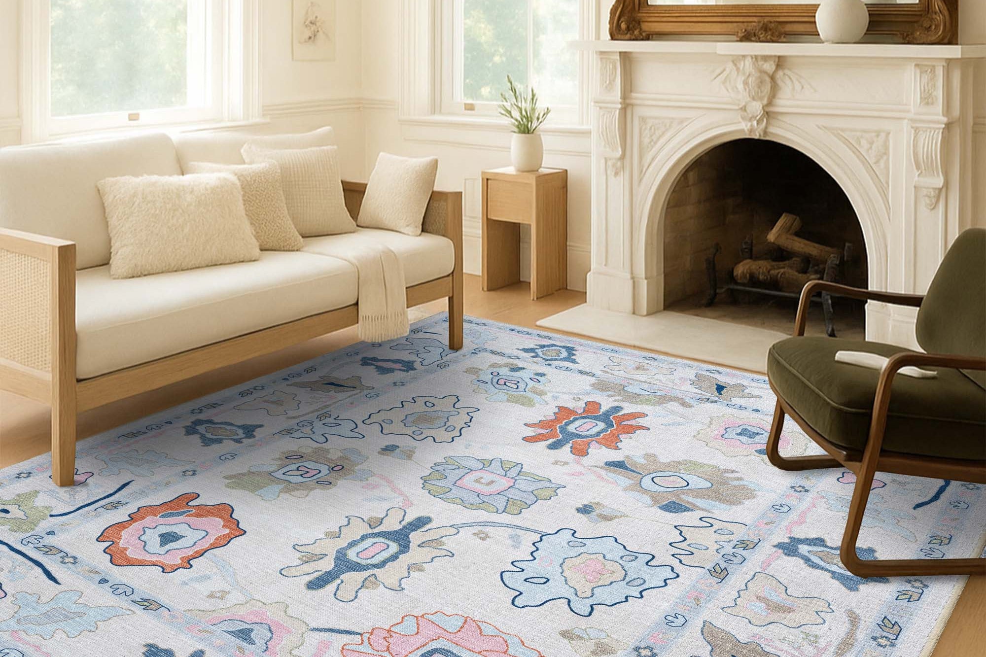 Mary Rose White Pastel Colorful Floral Oushak Rug