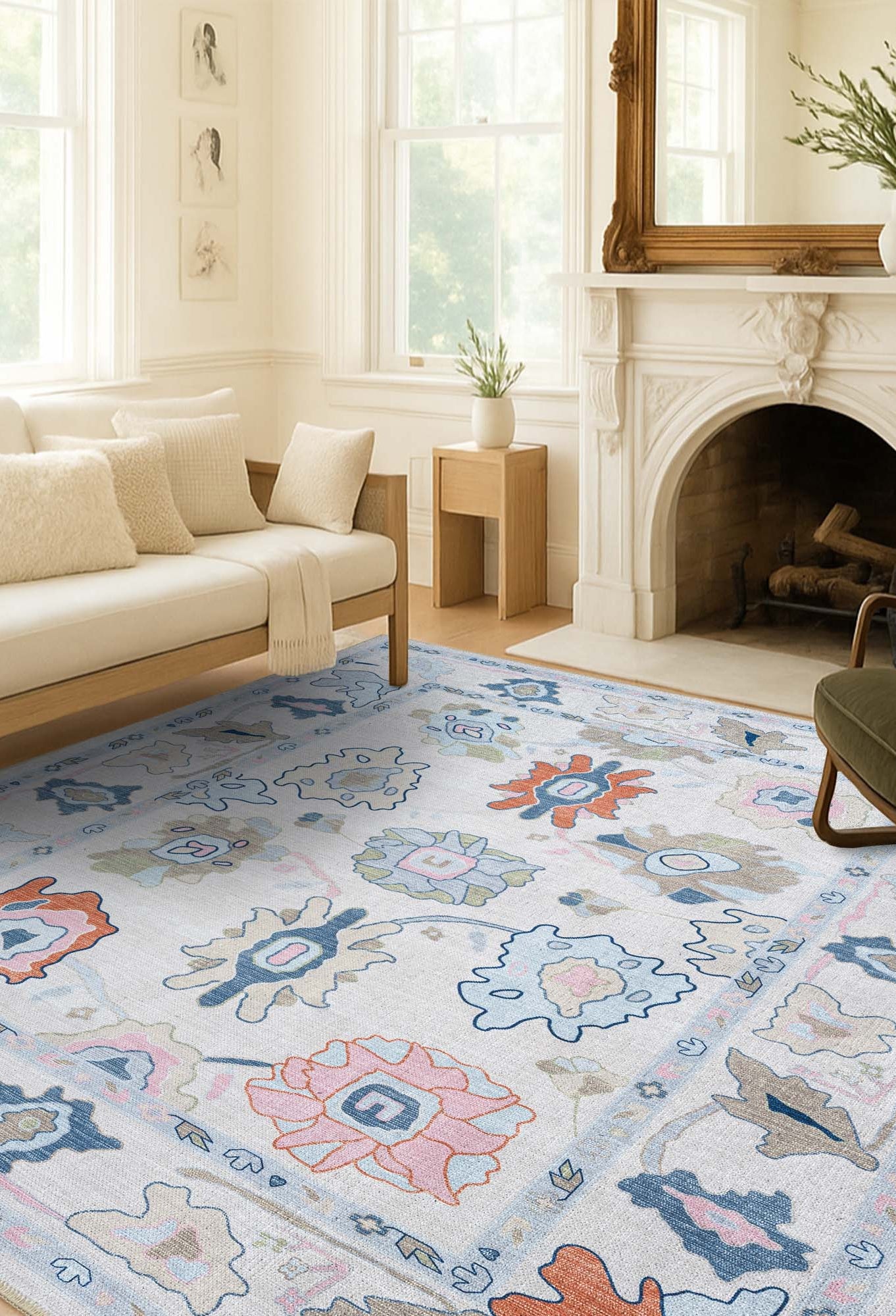 Mary Rose White Pastel Colorful Floral Oushak Rug
