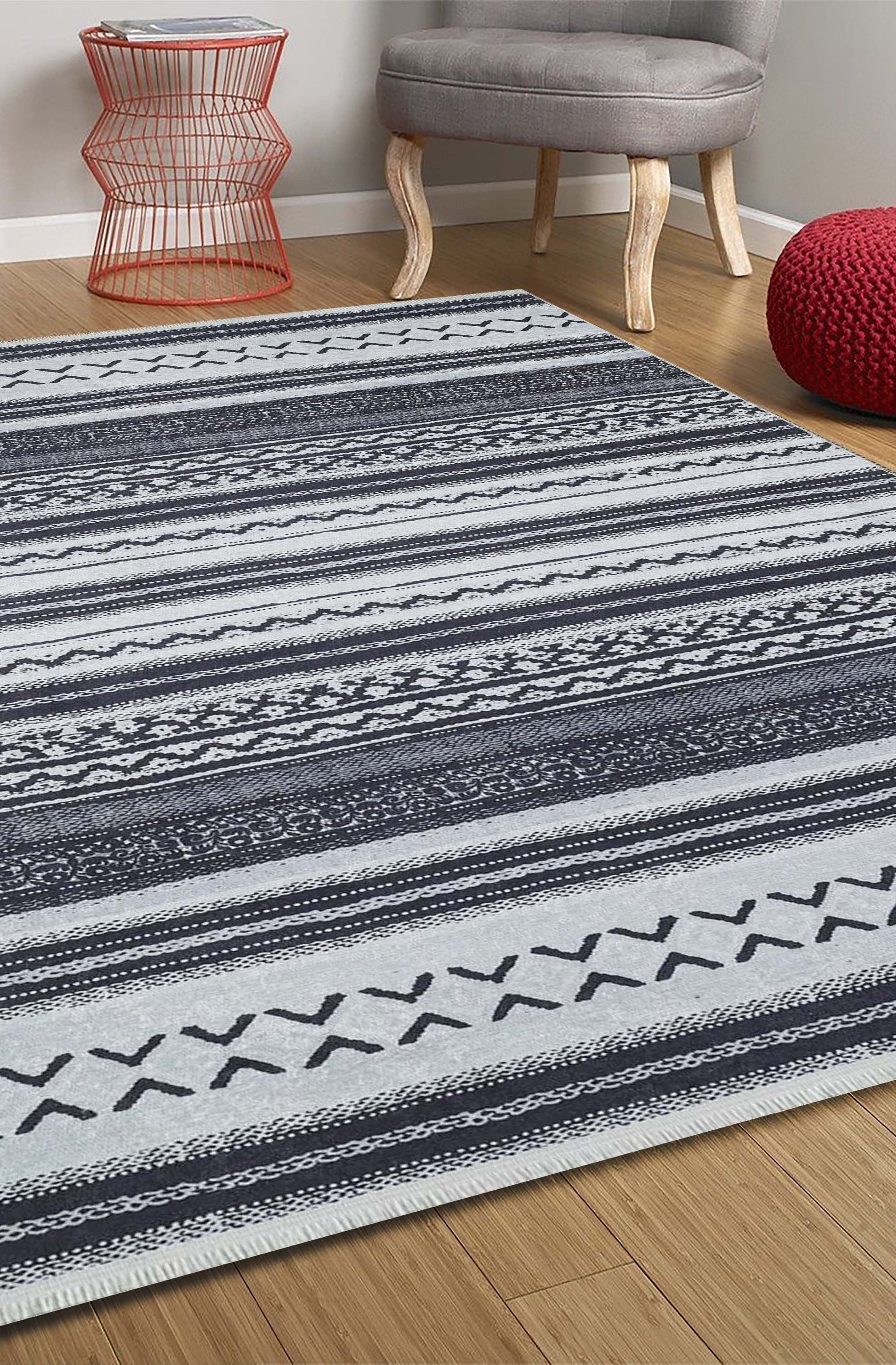 Lunda White Black Striped Rug