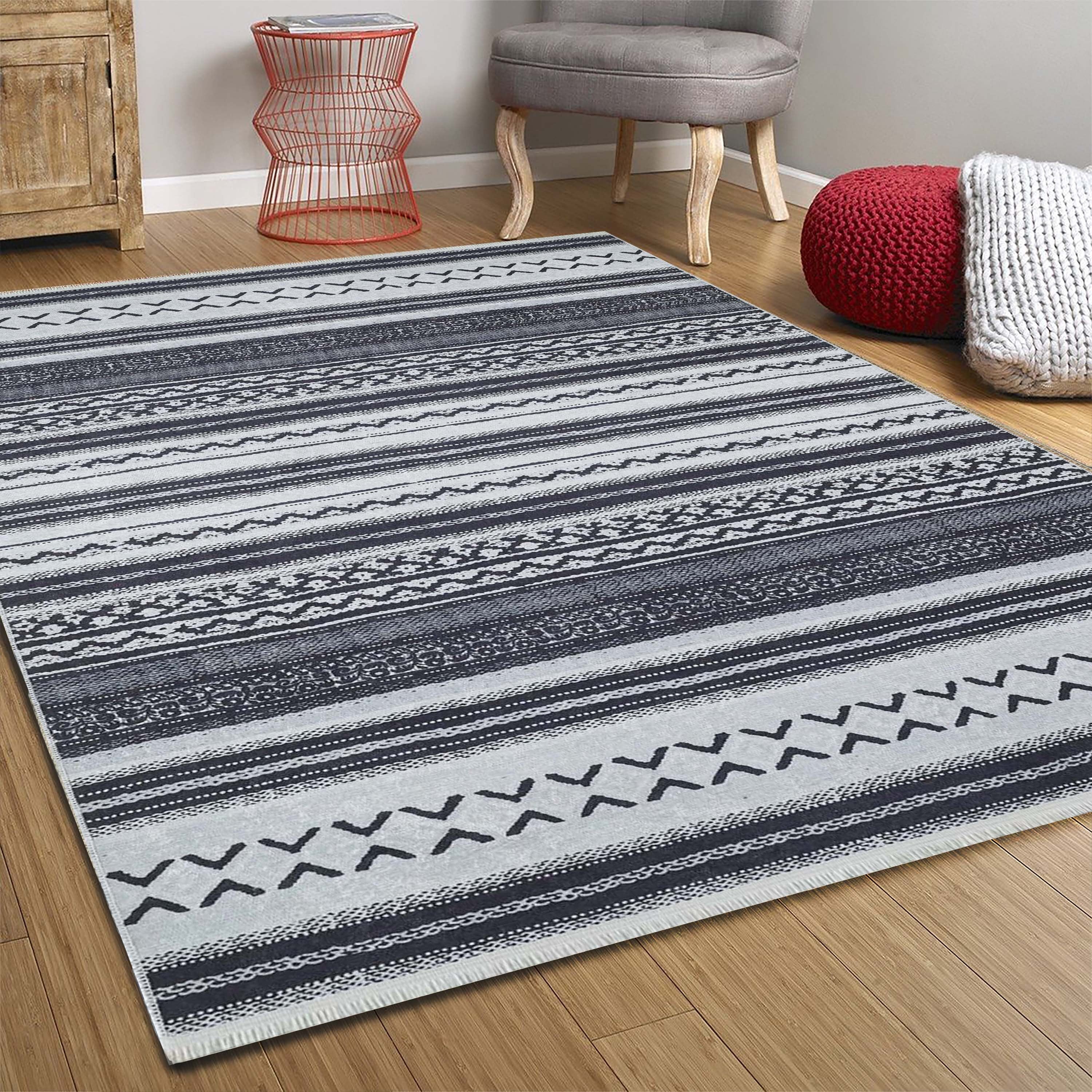 Lunda White Black Striped Rug