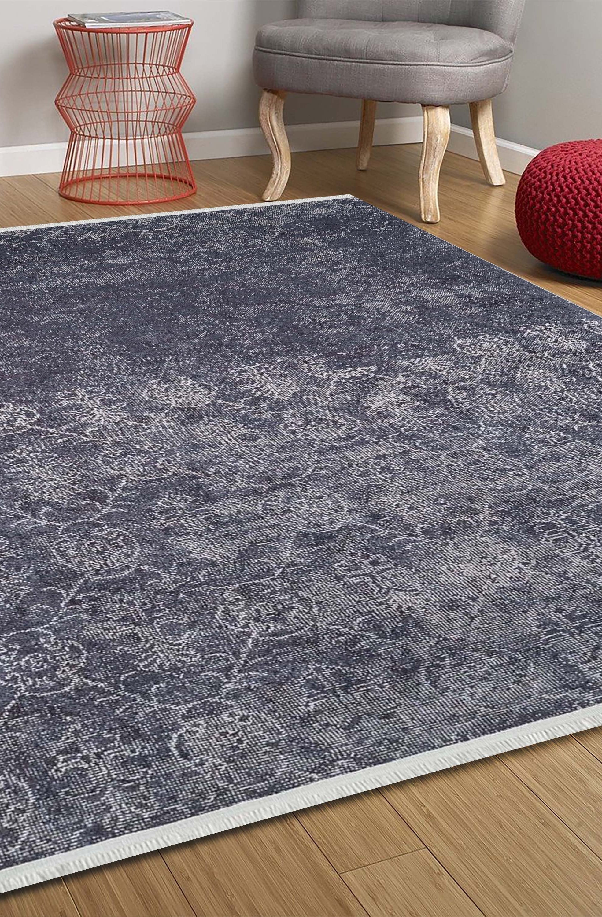 Magna Turkish White Floral Black Rug