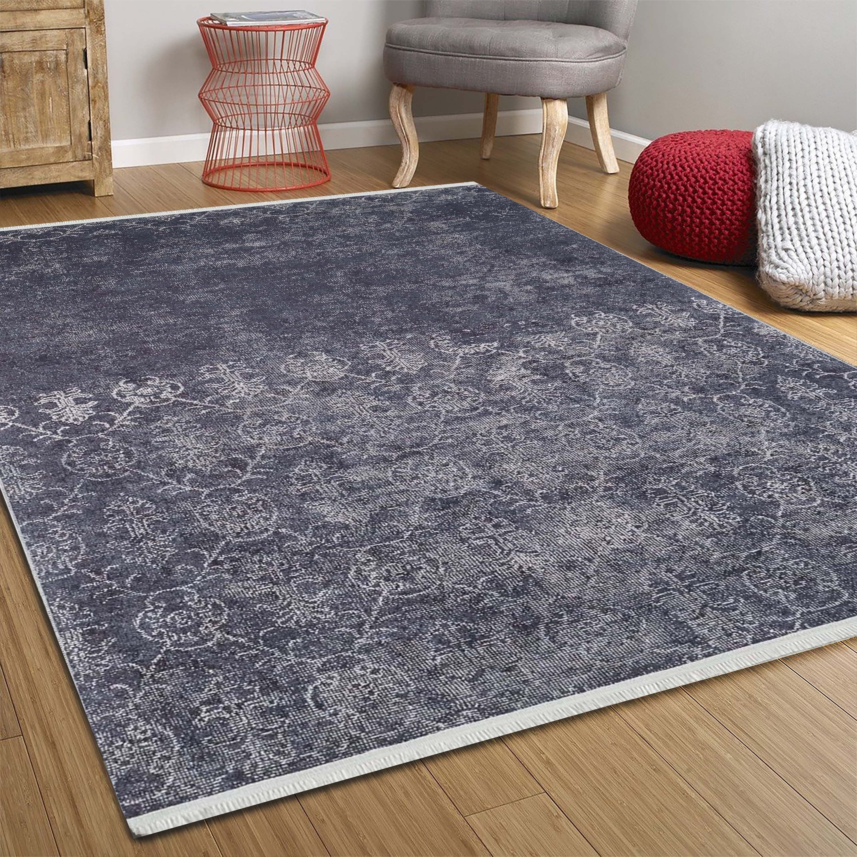 Magna Turkish White Floral Black Rug