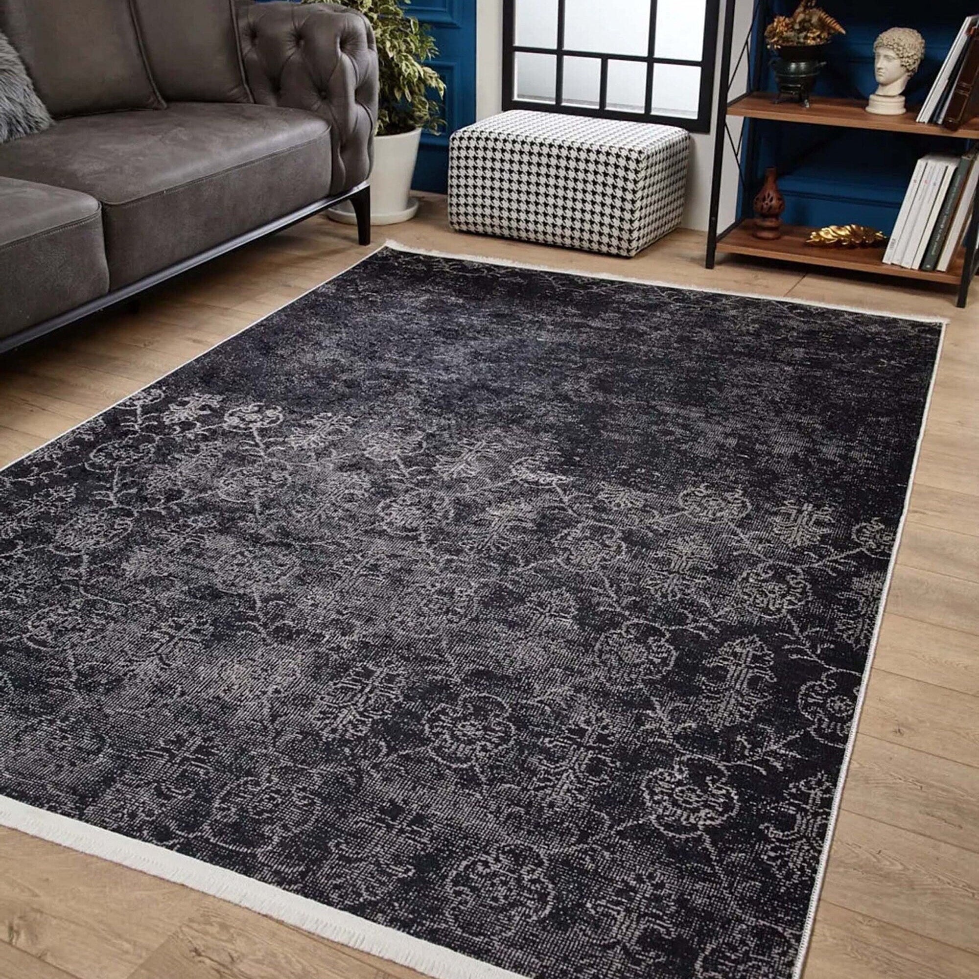 Magna Turkish White Floral Black Rug