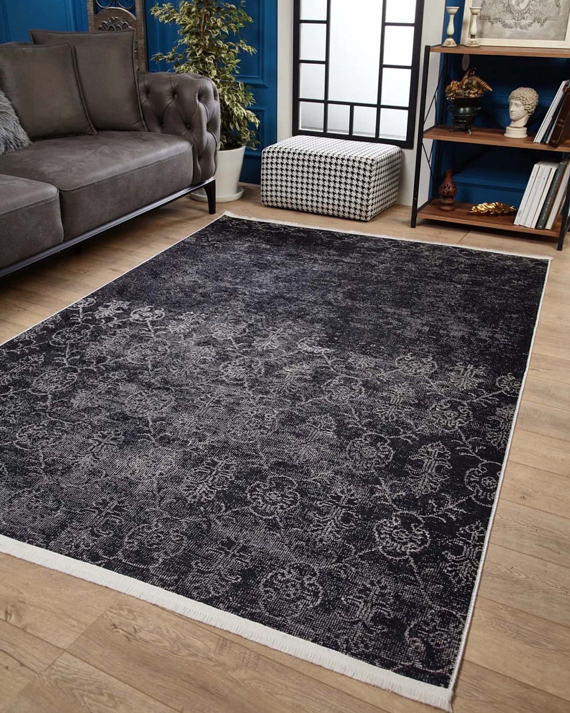 Magna Turkish White Floral Black Rug