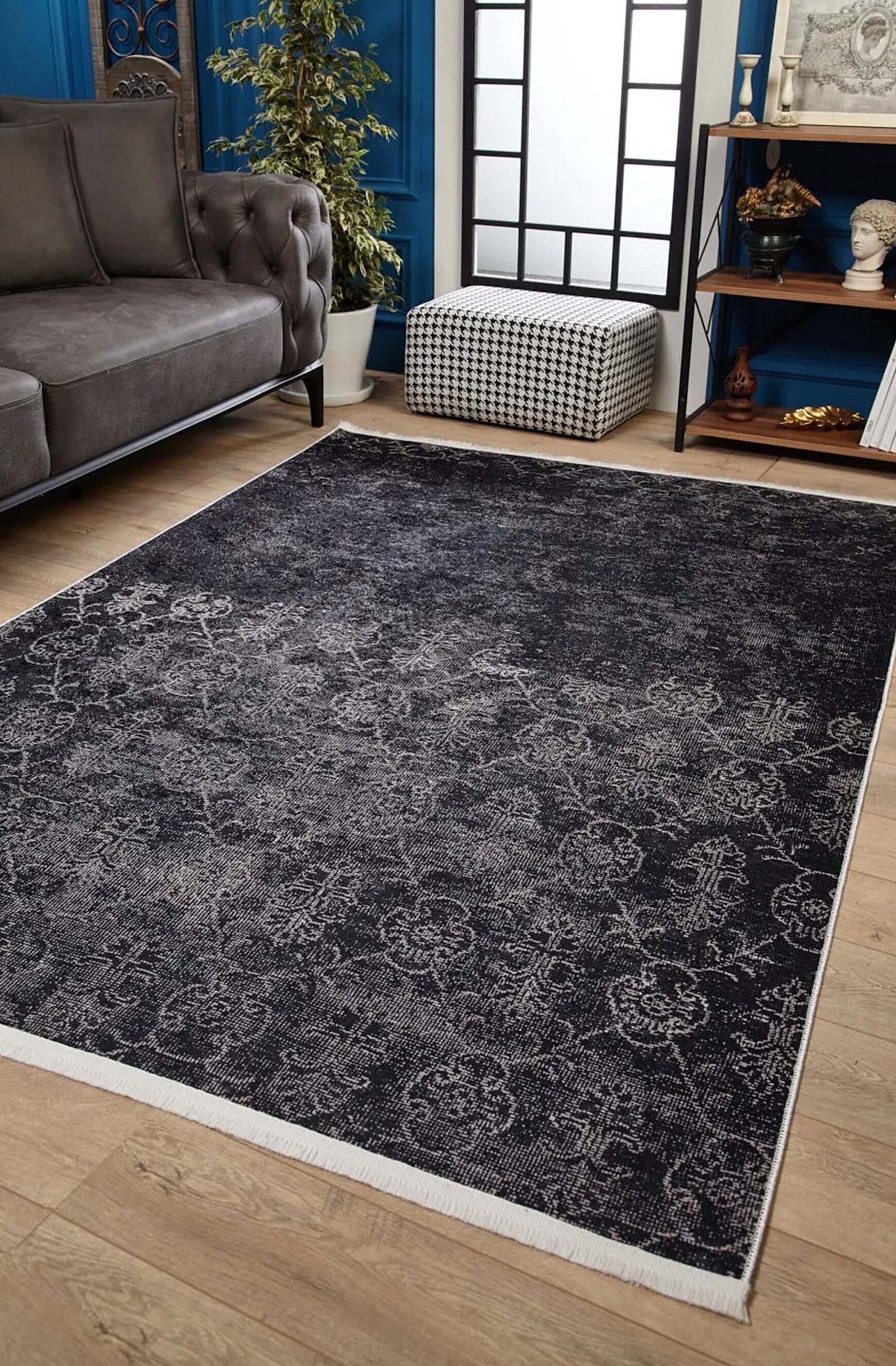Magna Turkish White Floral Black Rug