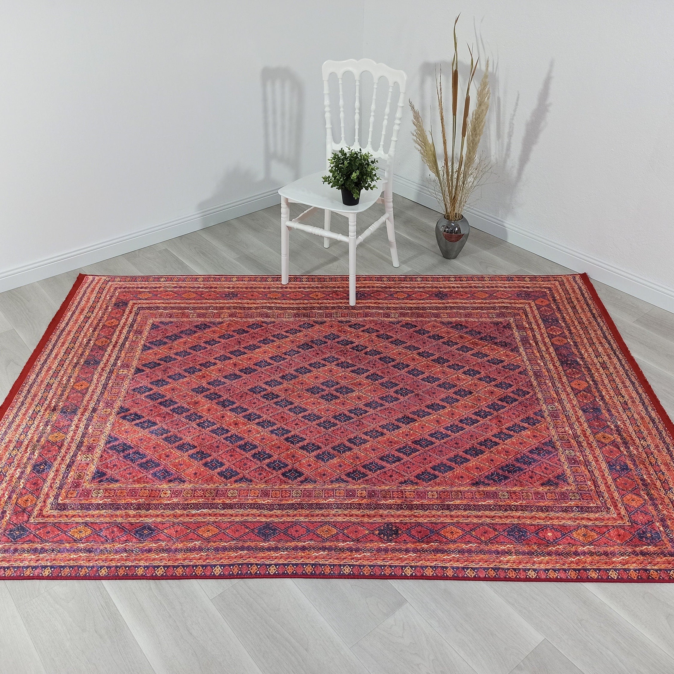 Manda Rug Turkish Kilim Terracotta and Navy Blue Rug