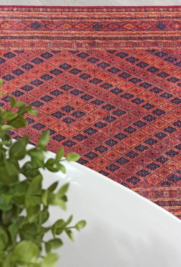 Manda Rug Turkish Kilim Terracotta and Navy Blue Rug