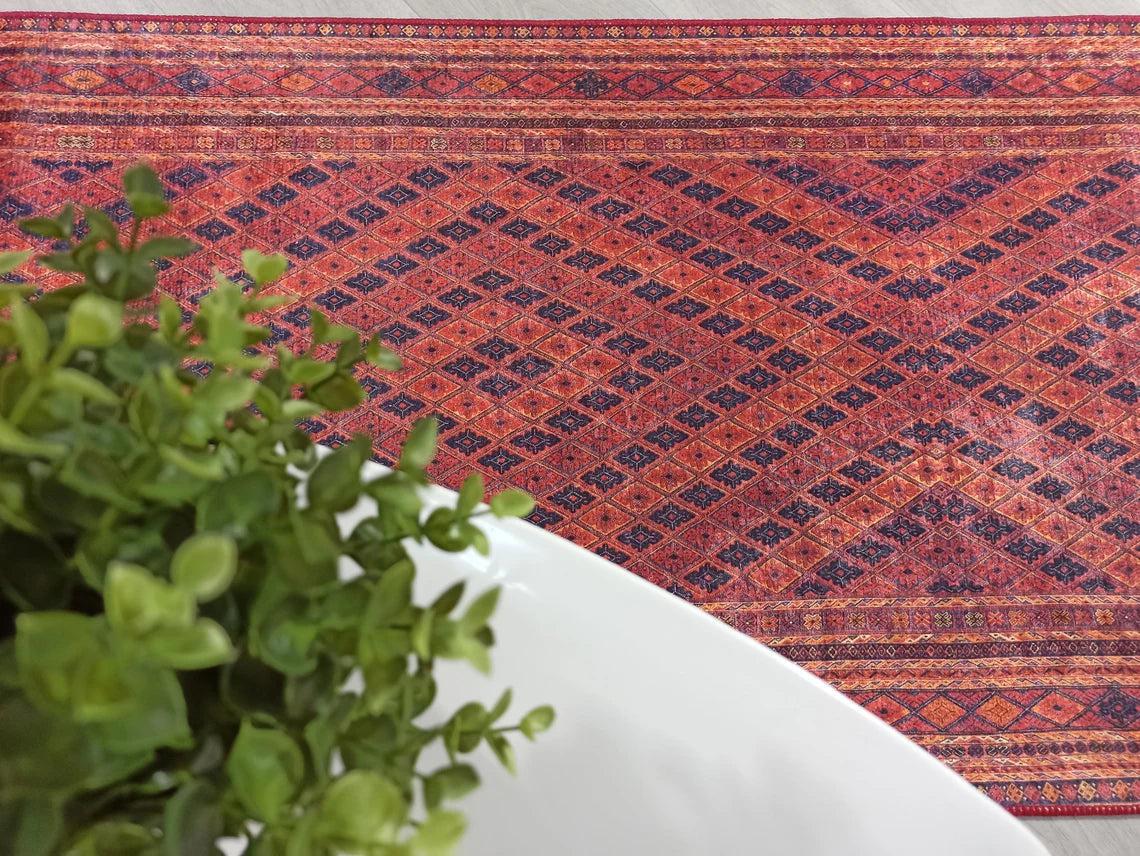 Manda Rug Turkish Kilim Terracotta and Navy Blue Rug