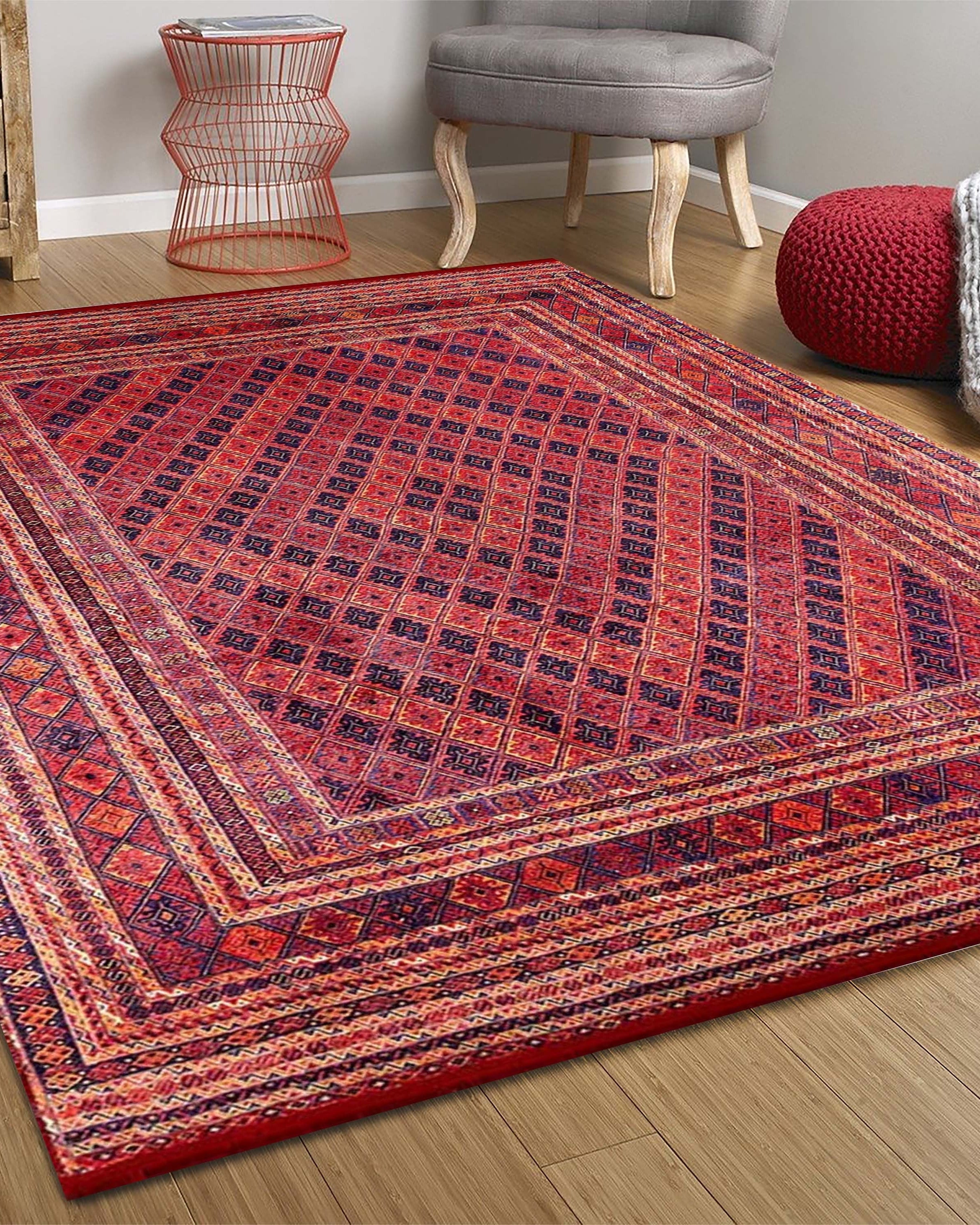 Manda Rug Turkish Kilim Terracotta and Navy Blue Rug