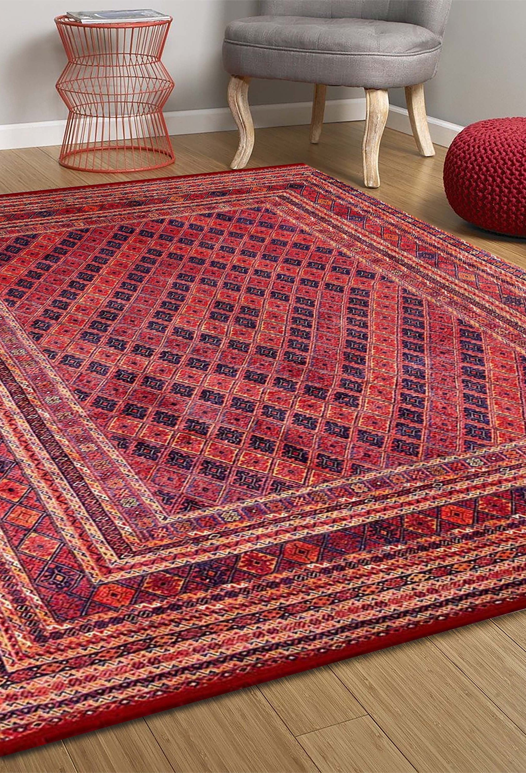 Manda Rug Turkish Kilim Terracotta and Navy Blue Rug