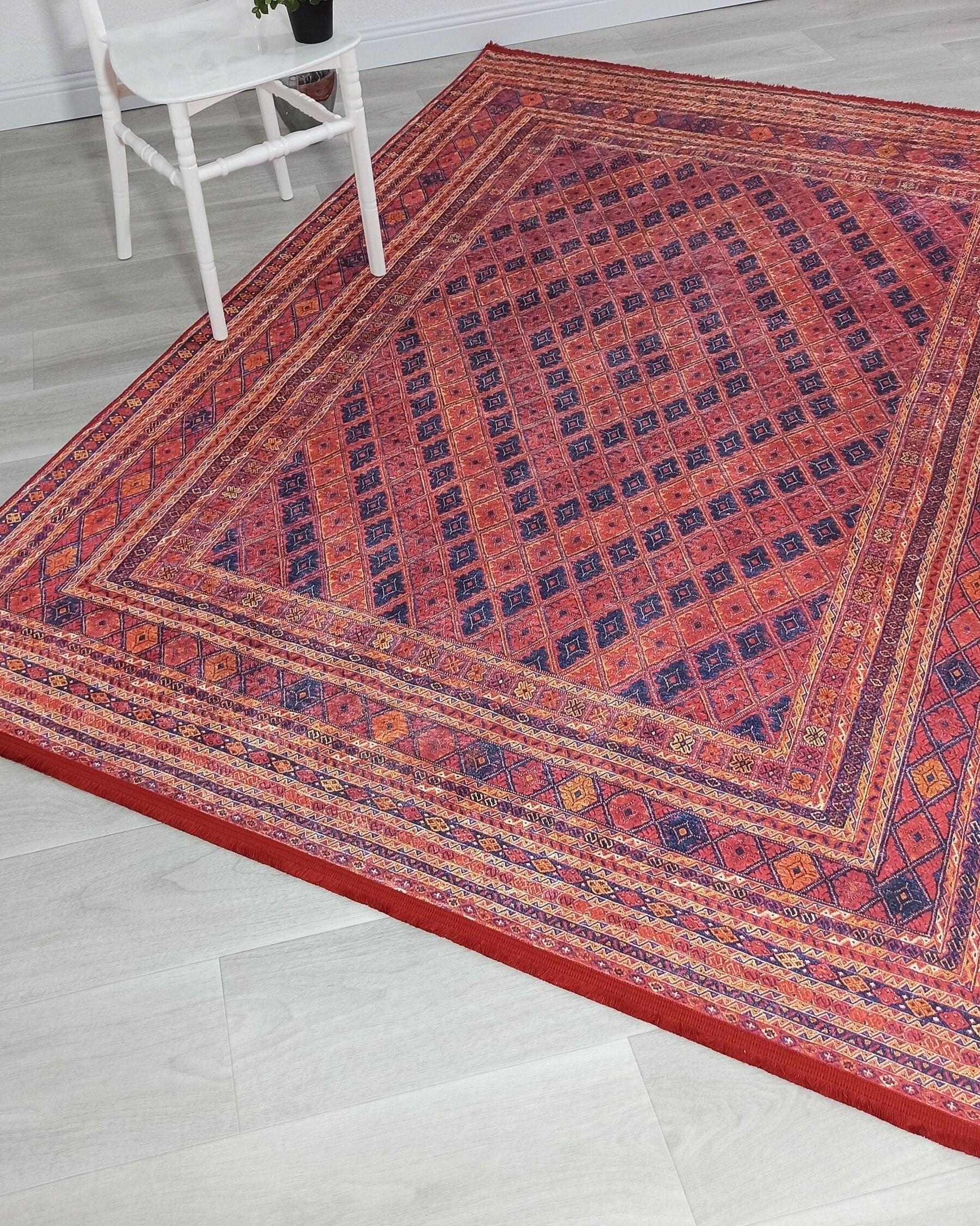 Manda Rug Turkish Kilim Terracotta and Navy Blue Rug