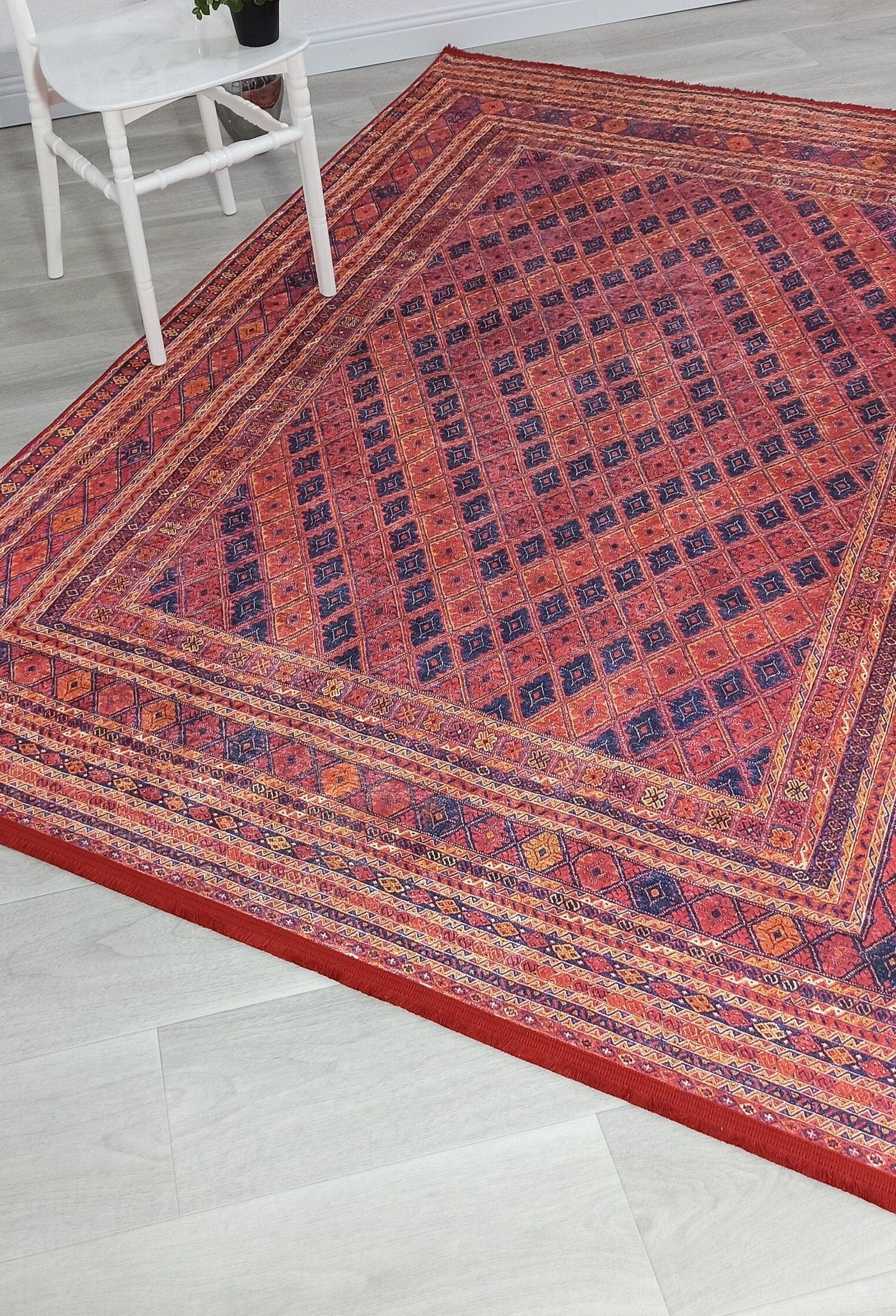 Manda Rug Turkish Kilim Terracotta and Navy Blue Rug