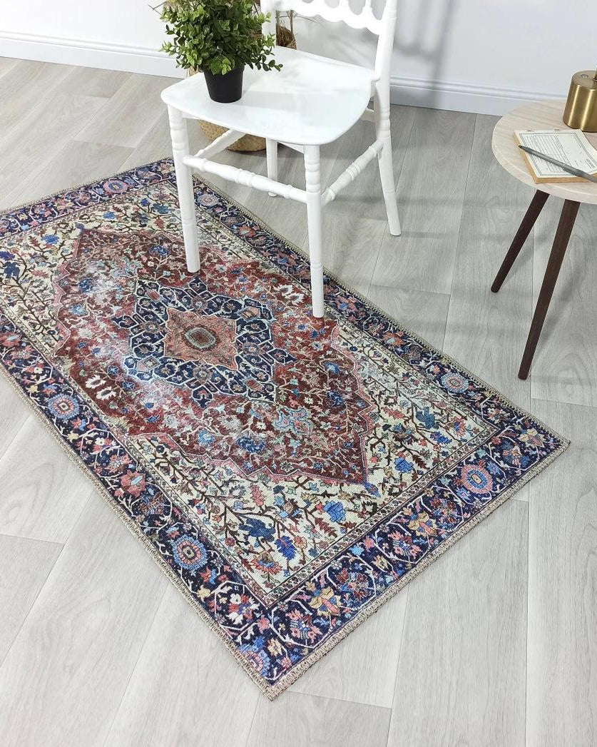 Mero Rug Persian Medallion Distressed Navy Blue Brown Rug