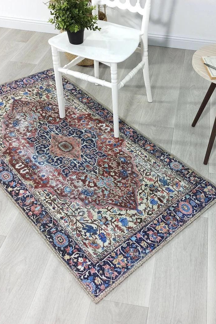 Mero Rug Persian Medallion Distressed Navy Blue Brown Rug