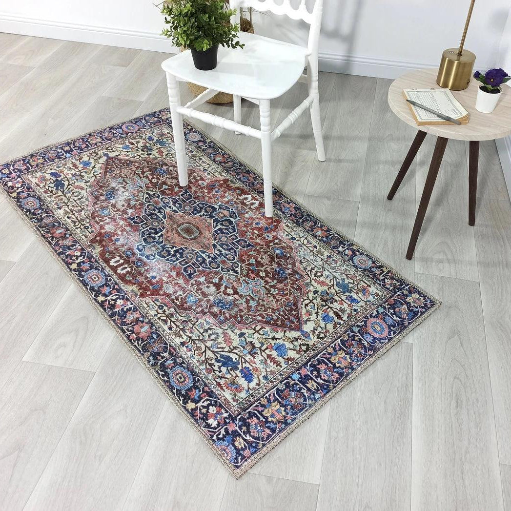 Mero Rug Persian Medallion Distressed Navy Blue Brown Rug