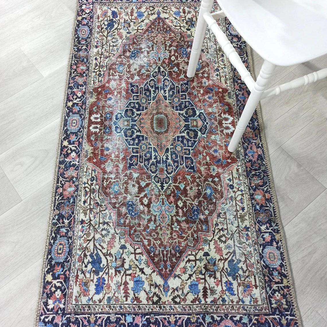 Mero Rug Persian Medallion Distressed Navy Blue Brown Rug