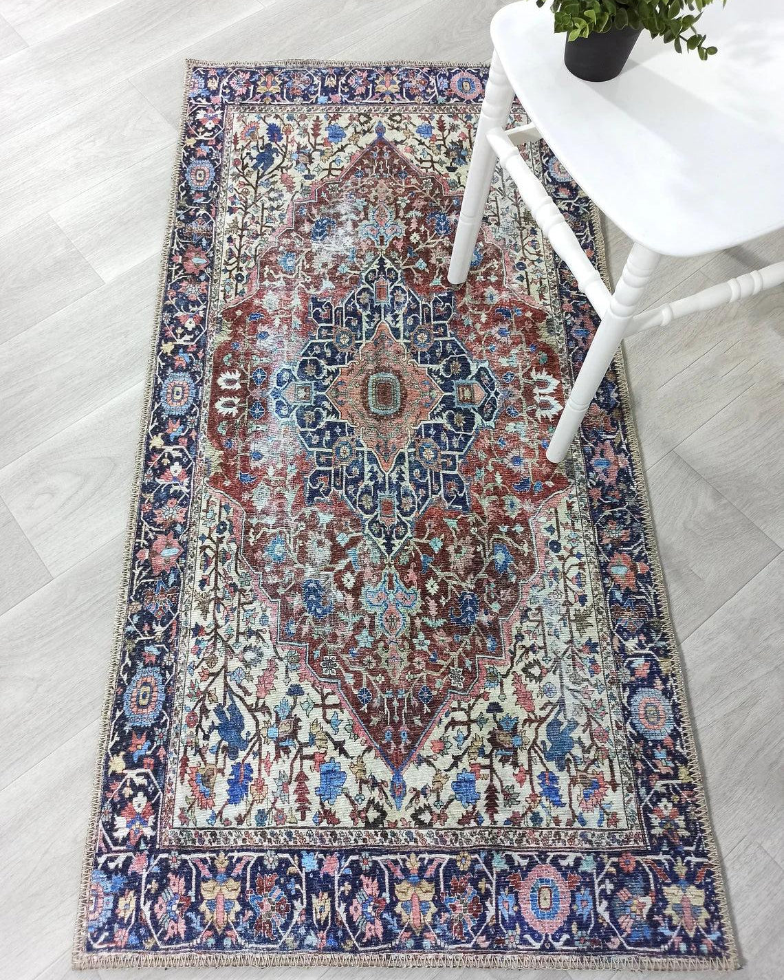 Mero Rug Persian Medallion Distressed Navy Blue Brown Rug