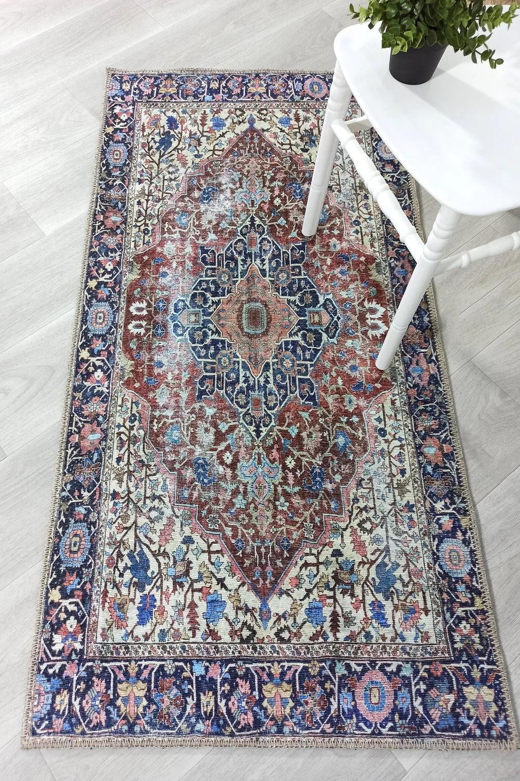 Mero Rug Persian Medallion Distressed Navy Blue Brown Rug
