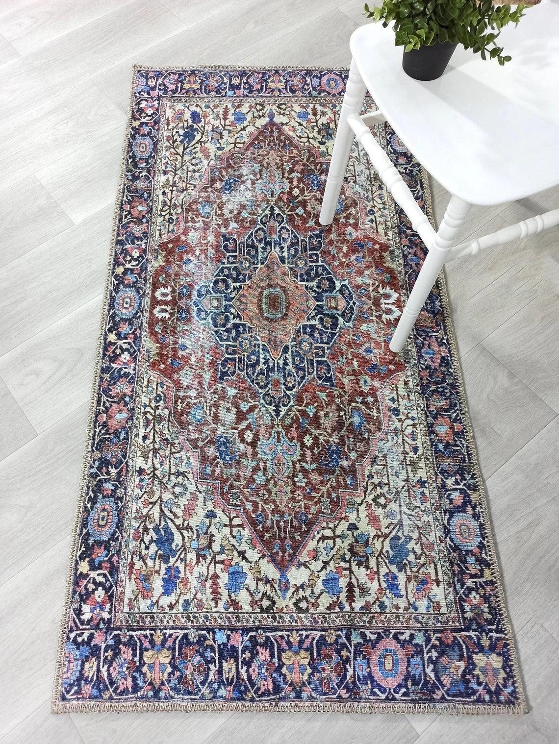 Mero Rug Persian Medallion Distressed Navy Blue Brown Rug