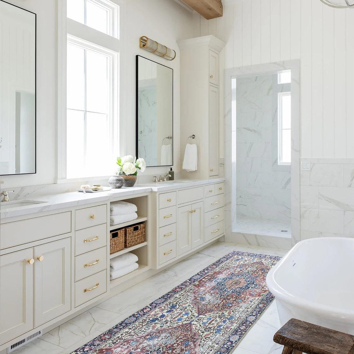 Mero Rug Persian Medallion Distressed Navy Blue Brown Rug