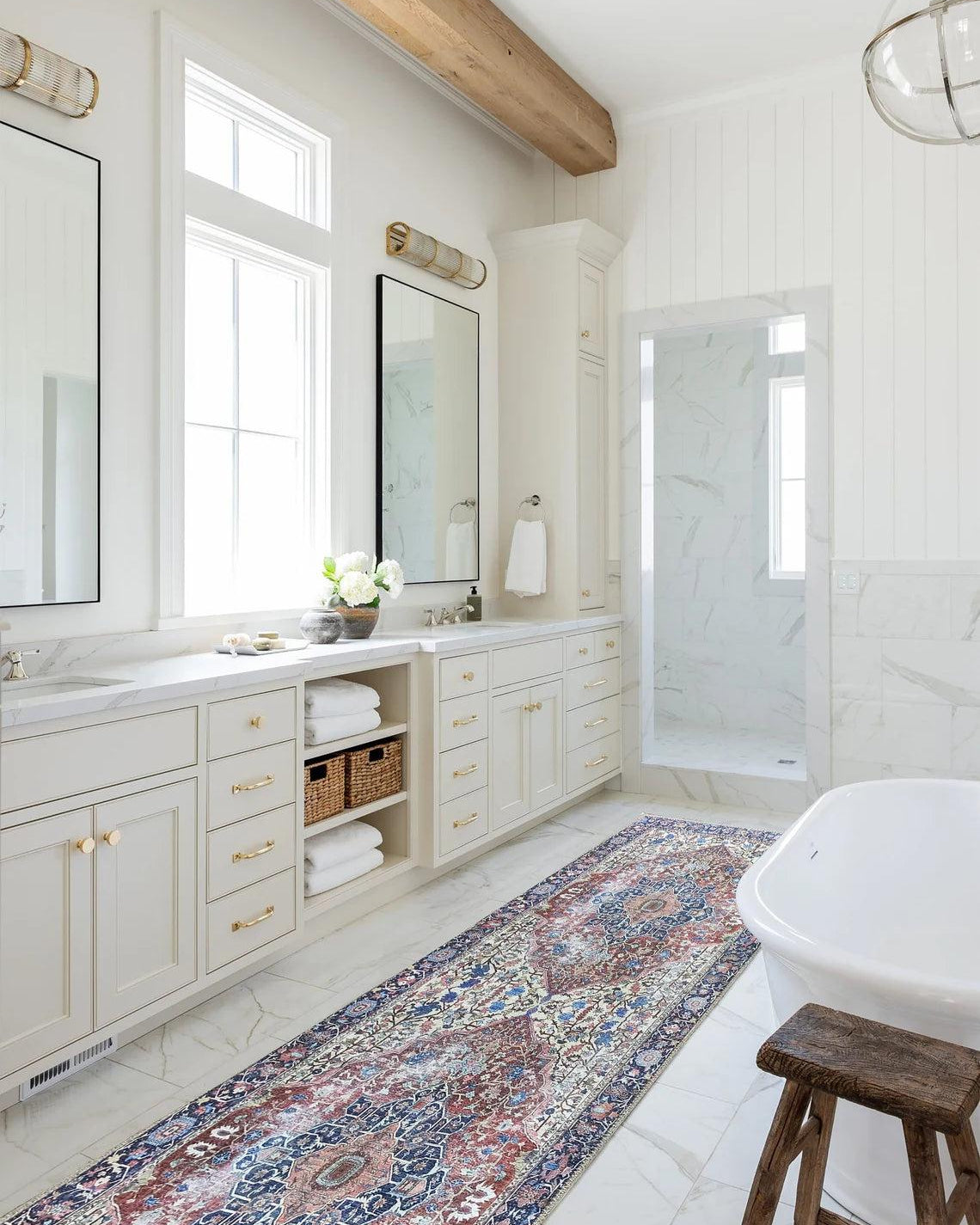 Mero Rug Persian Medallion Distressed Navy Blue Brown Rug