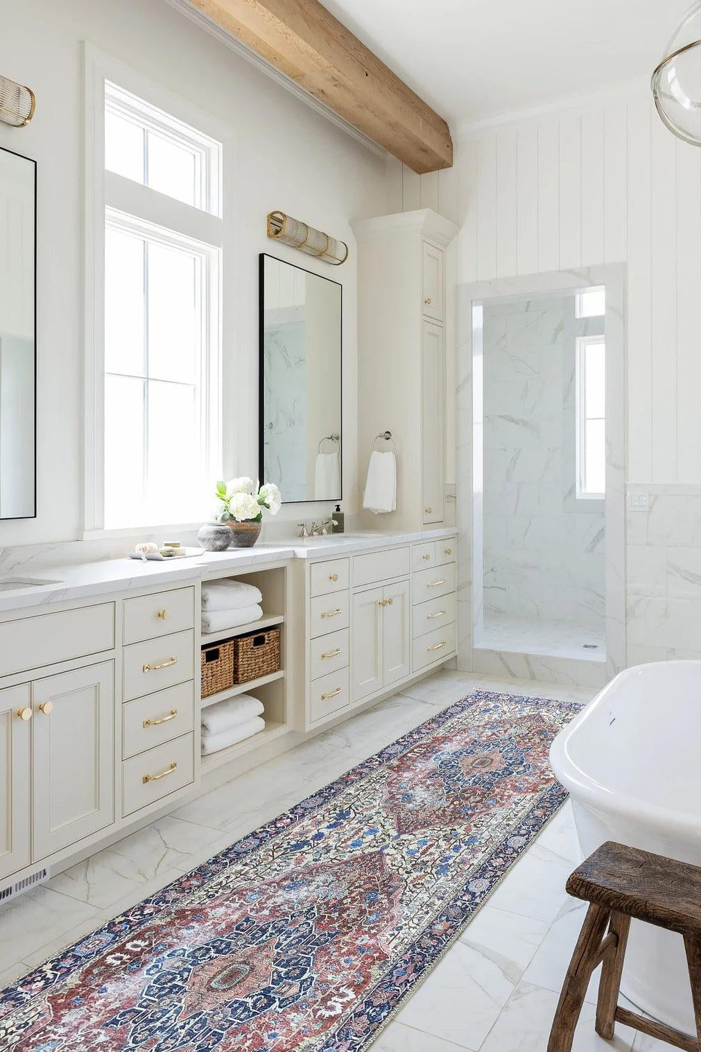 Mero Rug Persian Medallion Distressed Navy Blue Brown Rug