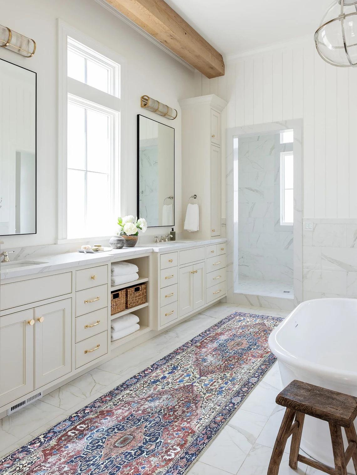 Mero Rug Persian Medallion Distressed Navy Blue Brown Rug