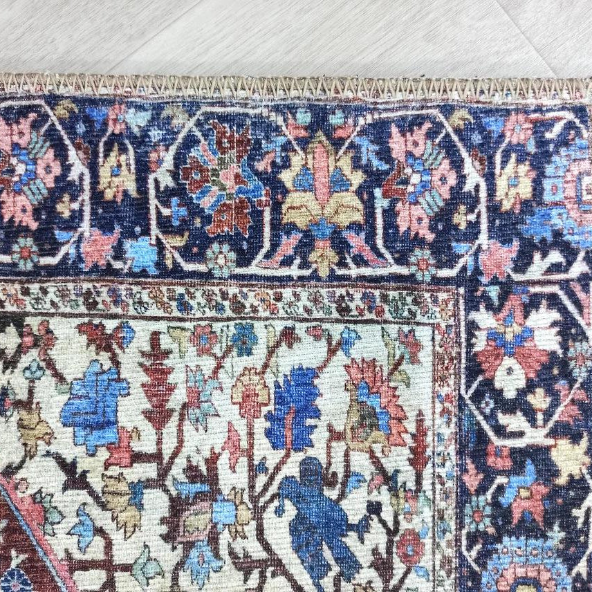 Mero Rug Persian Medallion Distressed Navy Blue Brown Rug