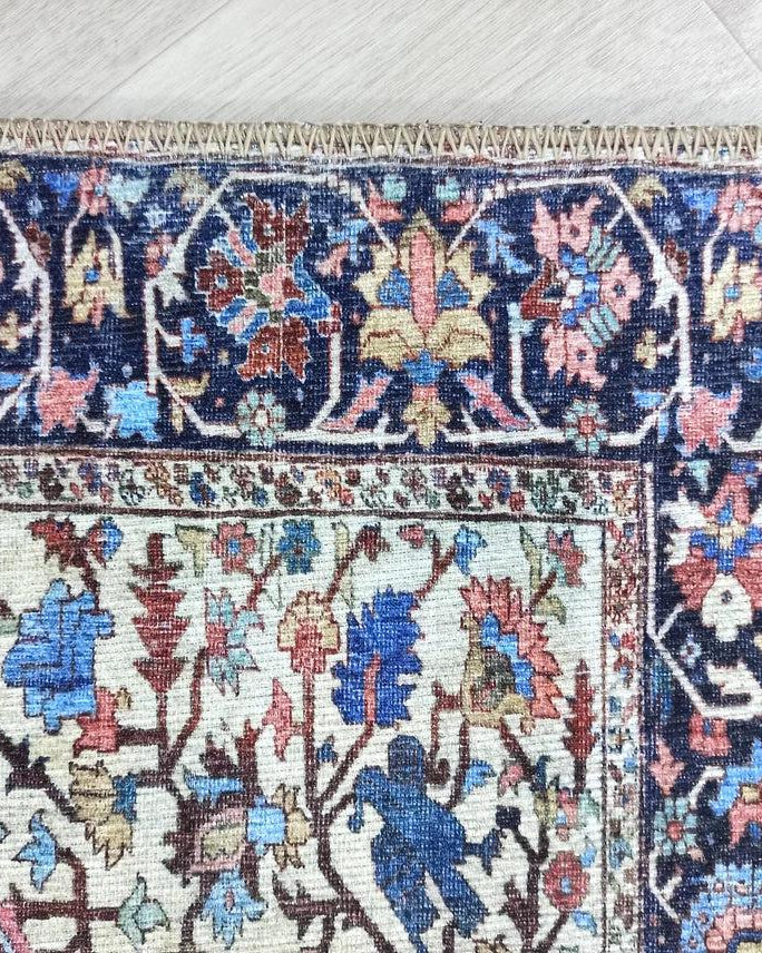 Mero Rug Persian Medallion Distressed Navy Blue Brown Rug