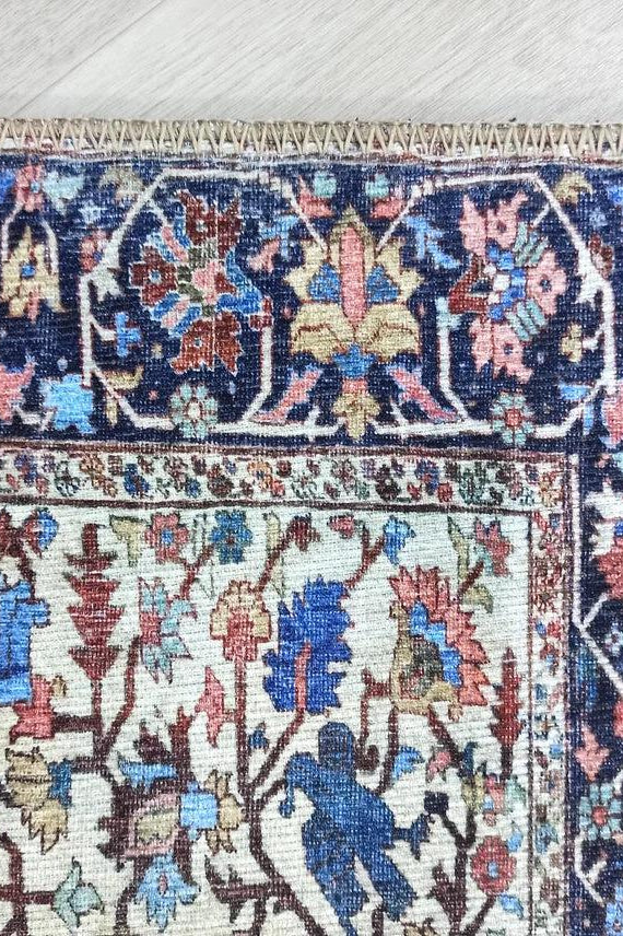 Mero Rug Persian Medallion Distressed Navy Blue Brown Rug