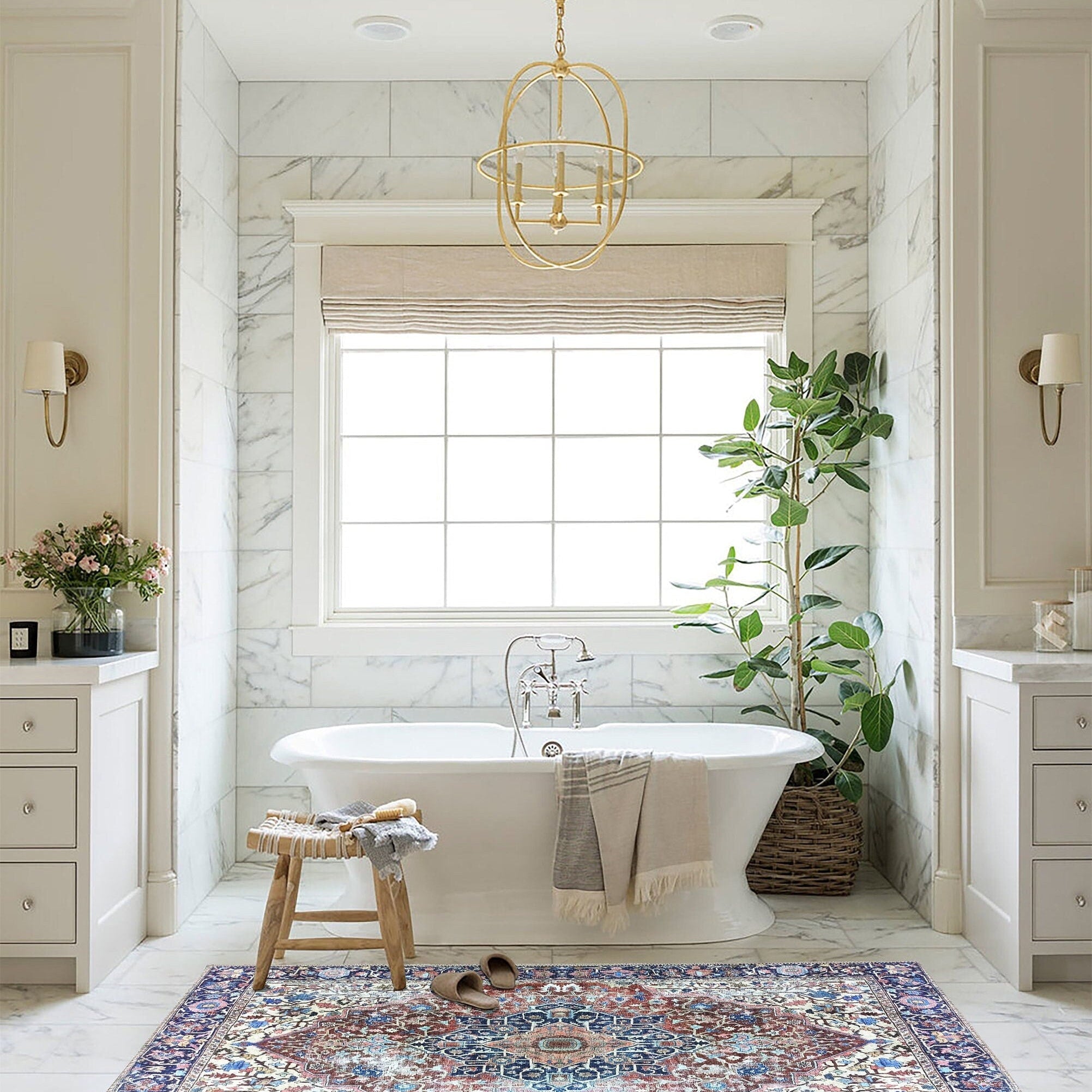 Mero Rug Persian Medallion Distressed Navy Blue Brown Rug