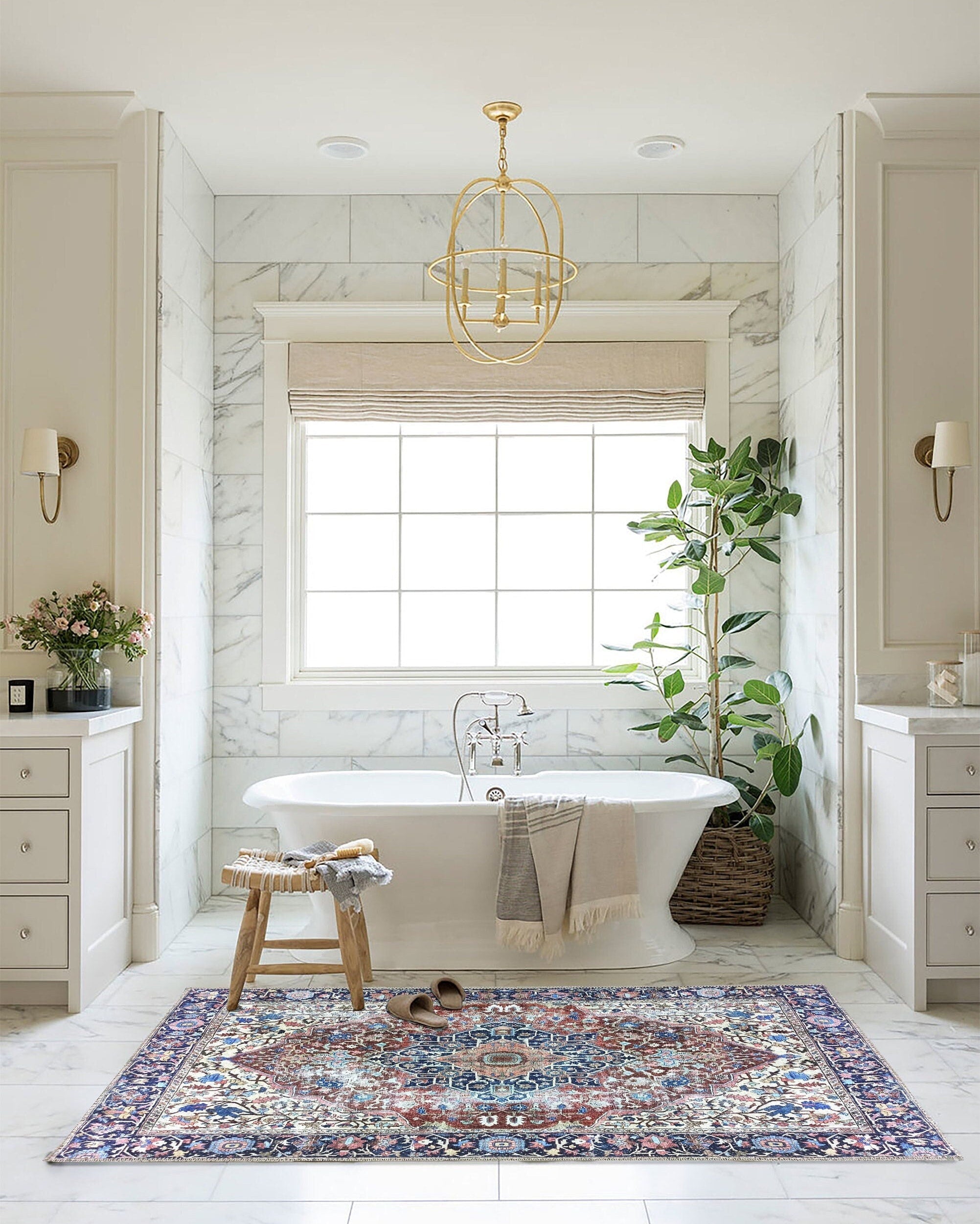 Mero Rug Persian Medallion Distressed Navy Blue Brown Rug