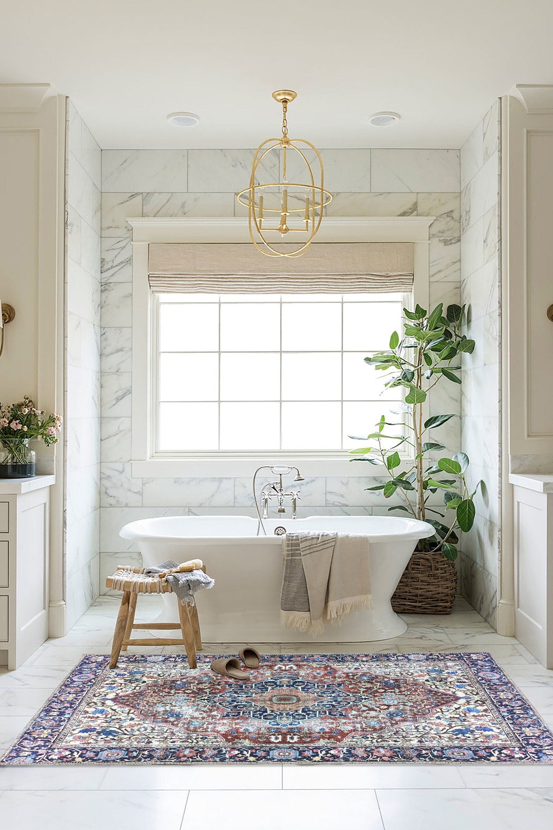 Mero Rug Persian Medallion Distressed Navy Blue Brown Rug