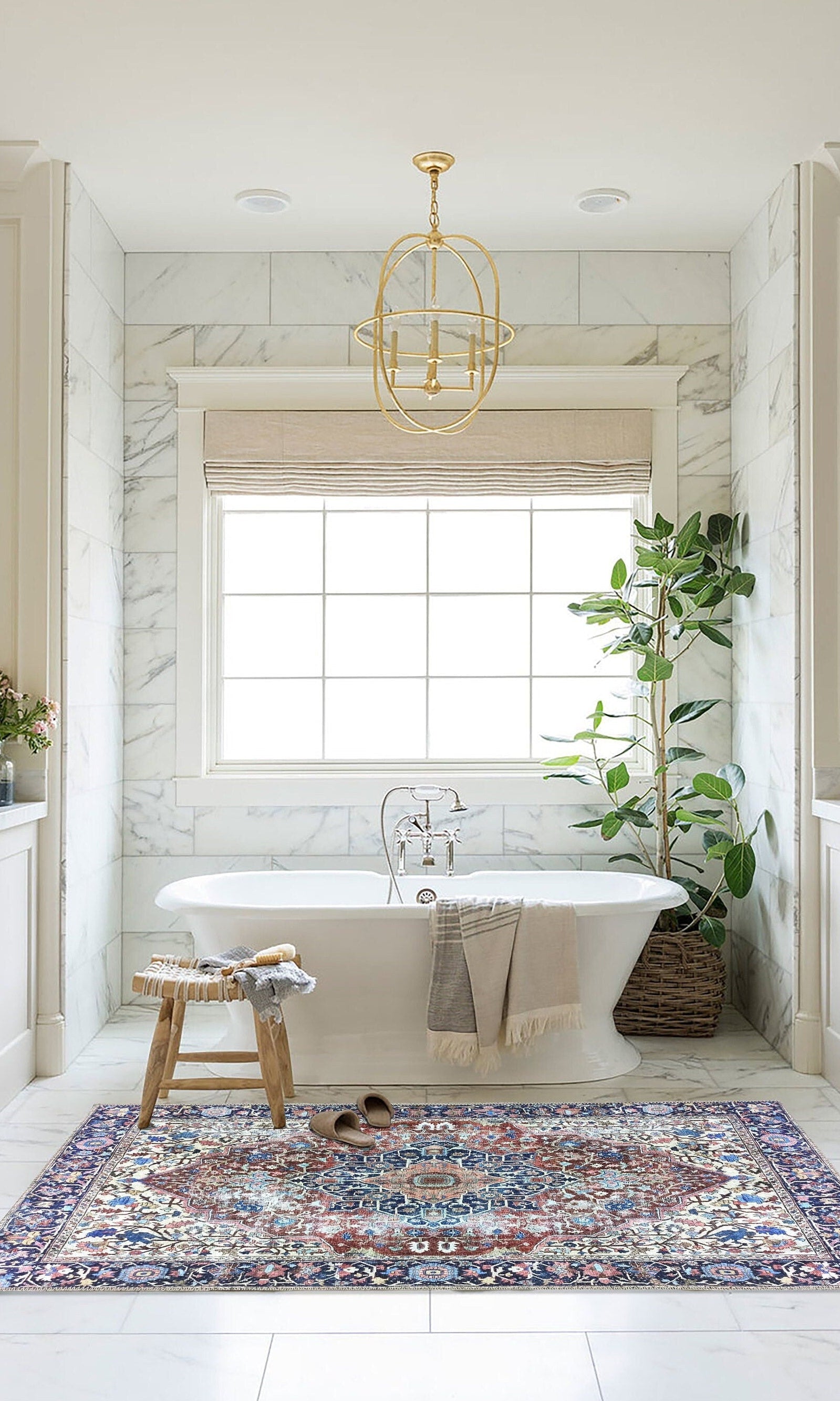 Mero Rug Persian Medallion Distressed Navy Blue Brown Rug