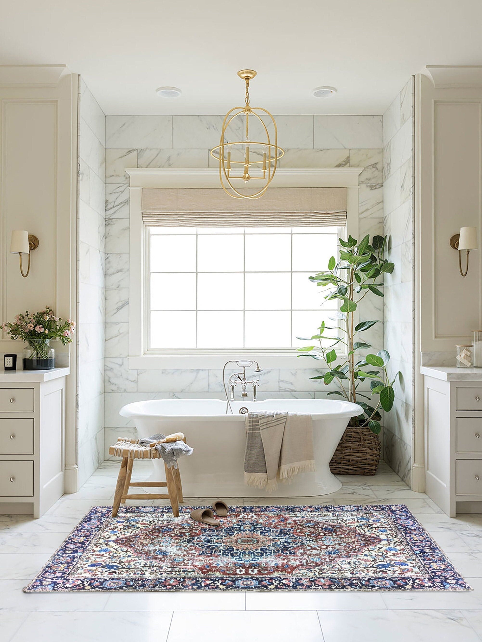 Mero Rug Persian Medallion Distressed Navy Blue Brown Rug