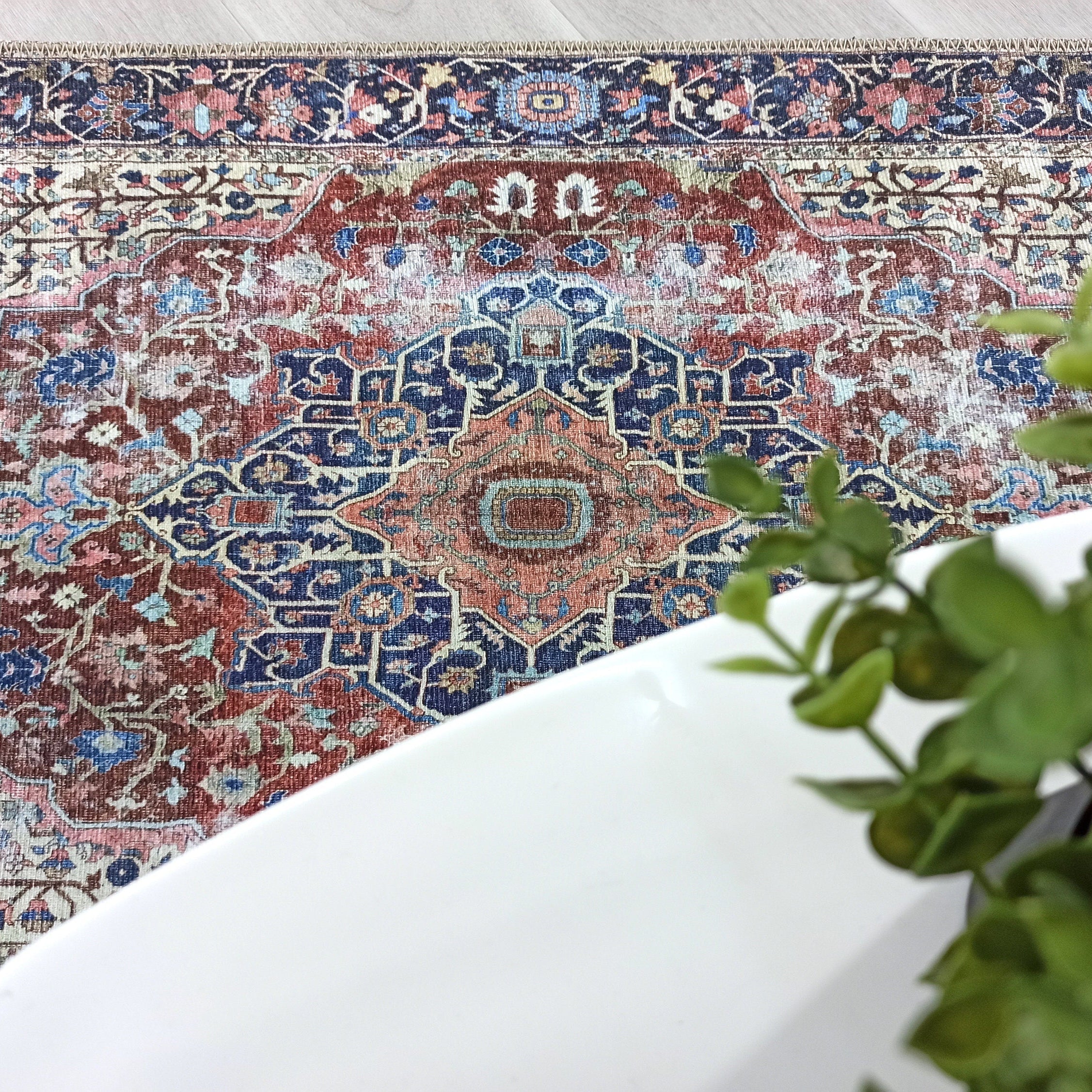 Mero Rug Persian Medallion Distressed Navy Blue Brown Rug