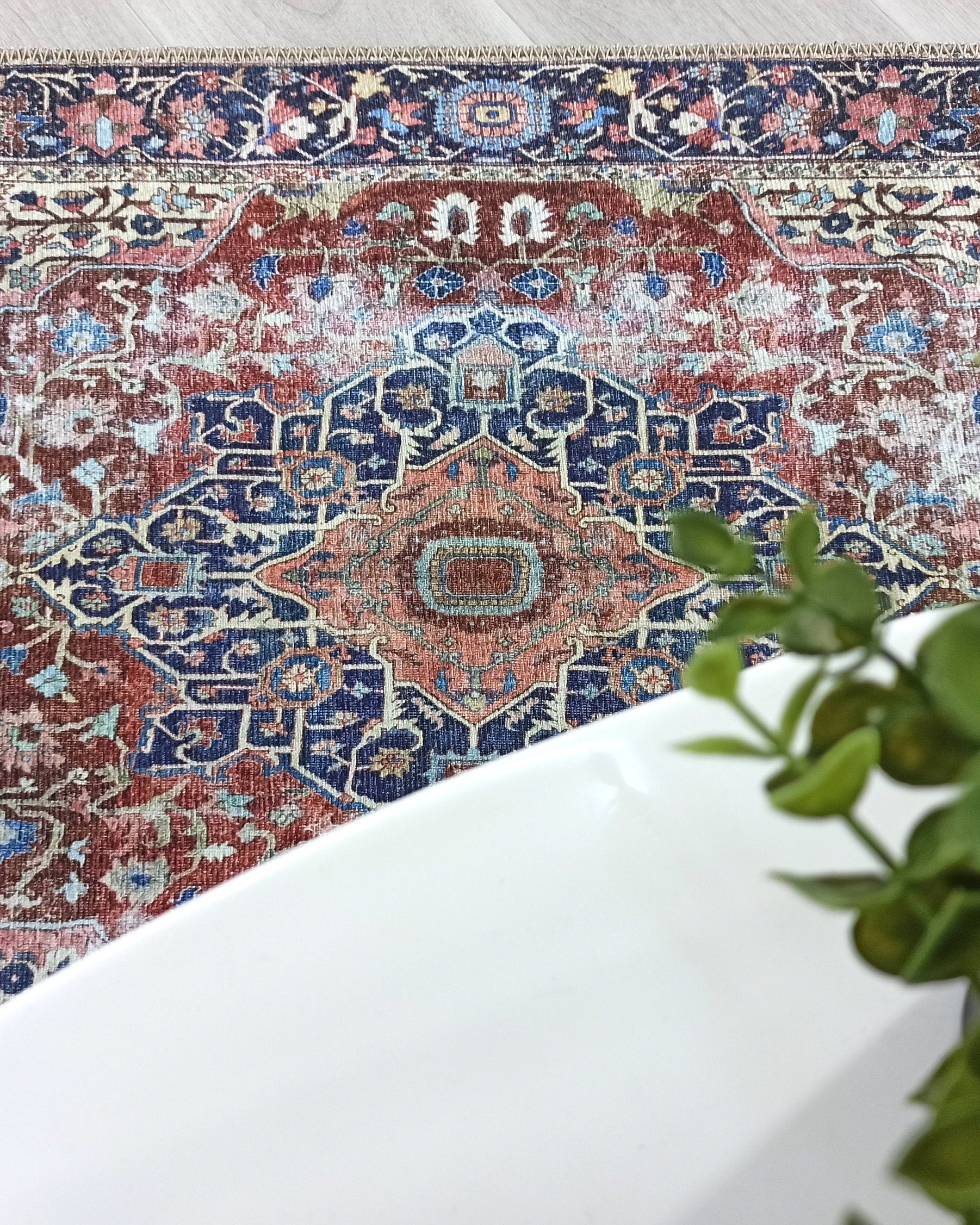 Mero Rug Persian Medallion Distressed Navy Blue Brown Rug