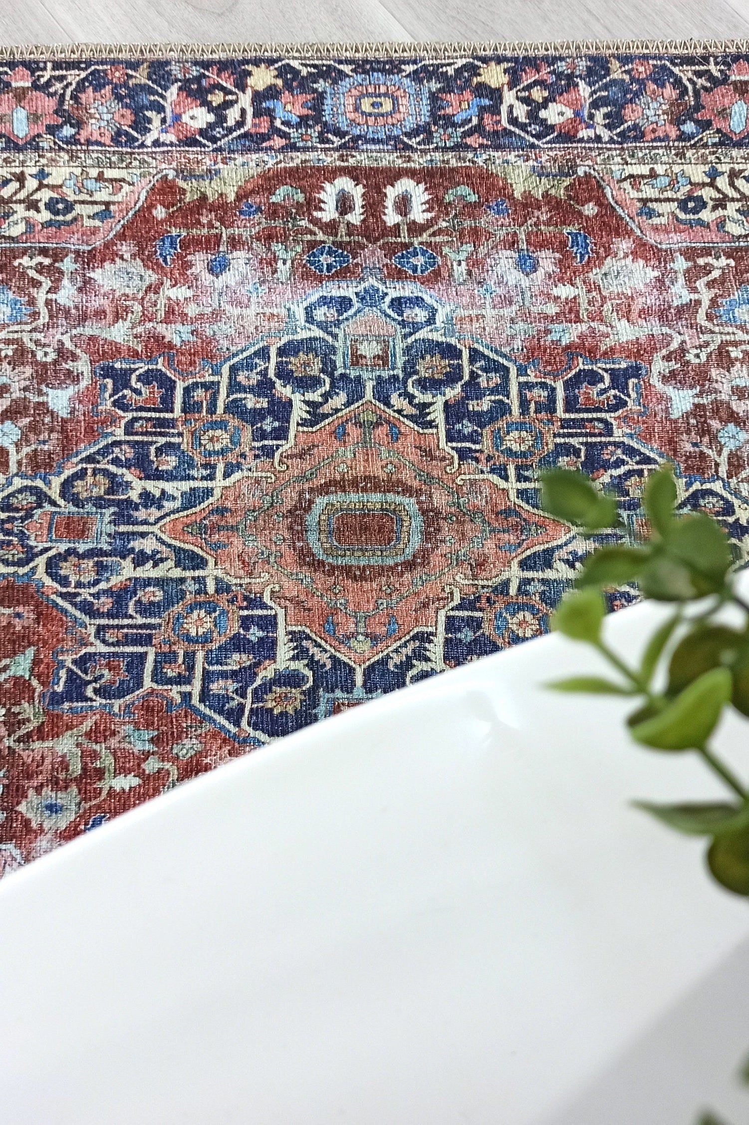 Mero Rug Persian Medallion Distressed Navy Blue Brown Rug