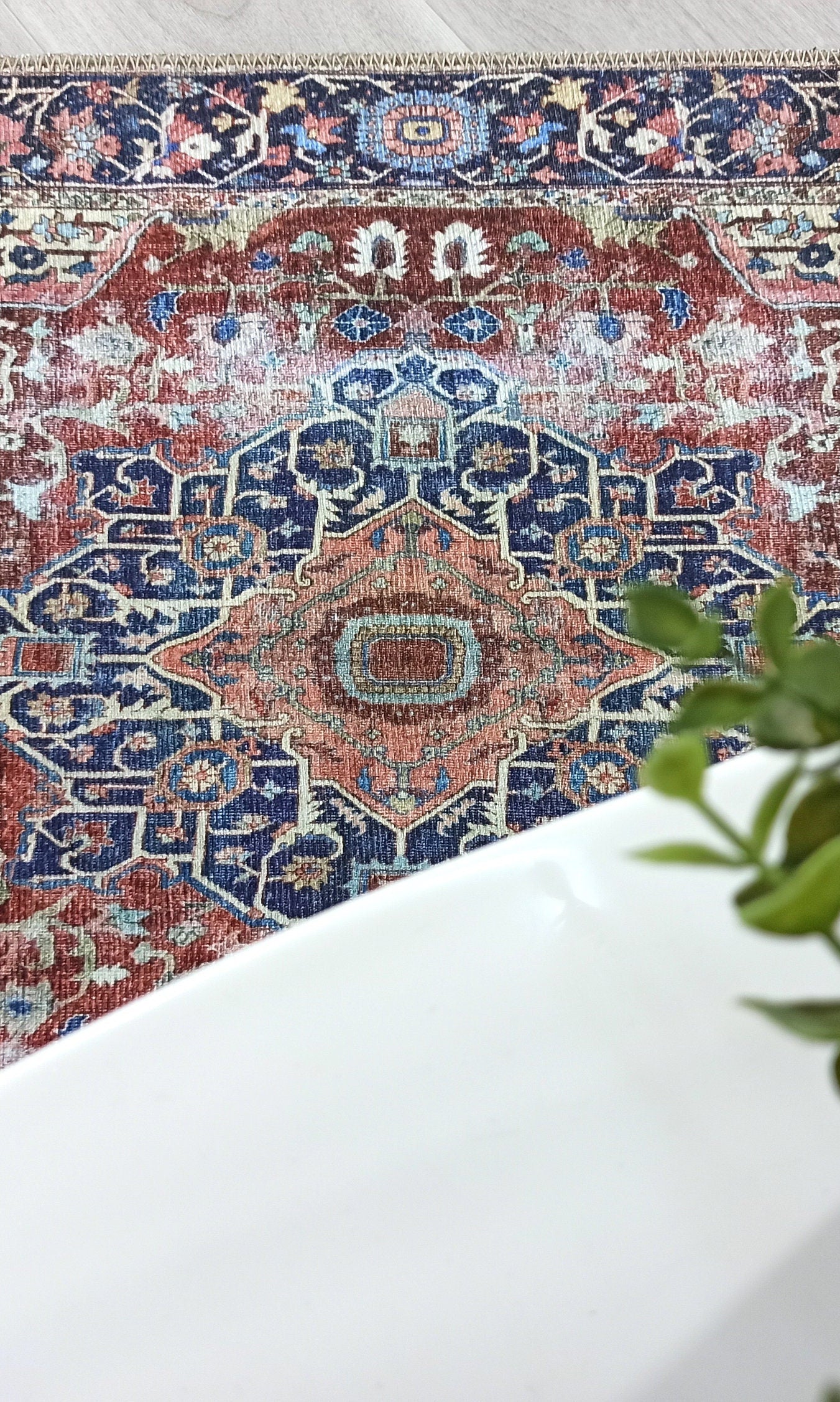 Mero Rug Persian Medallion Distressed Navy Blue Brown Rug