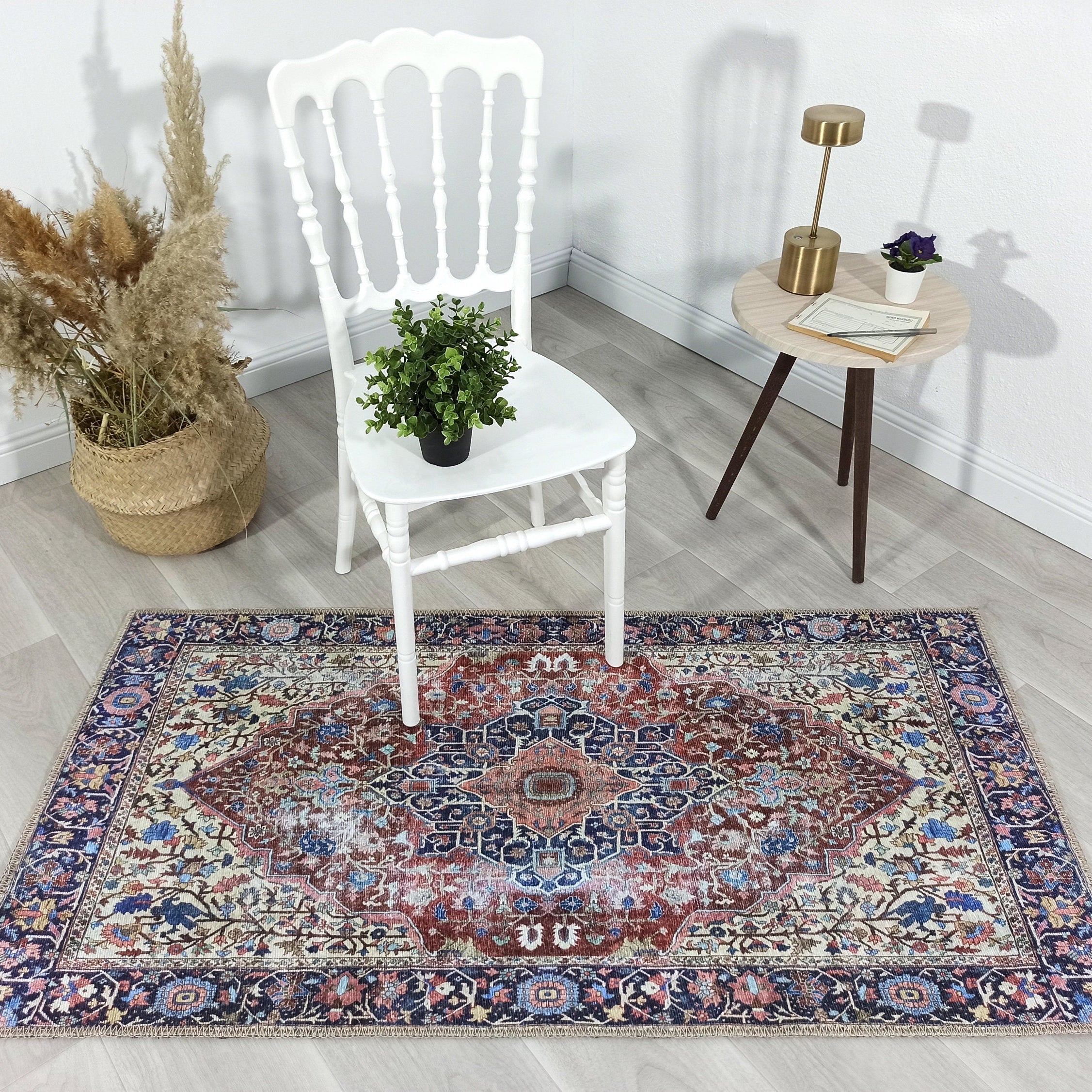Mero Rug Persian Medallion Distressed Navy Blue Brown Rug