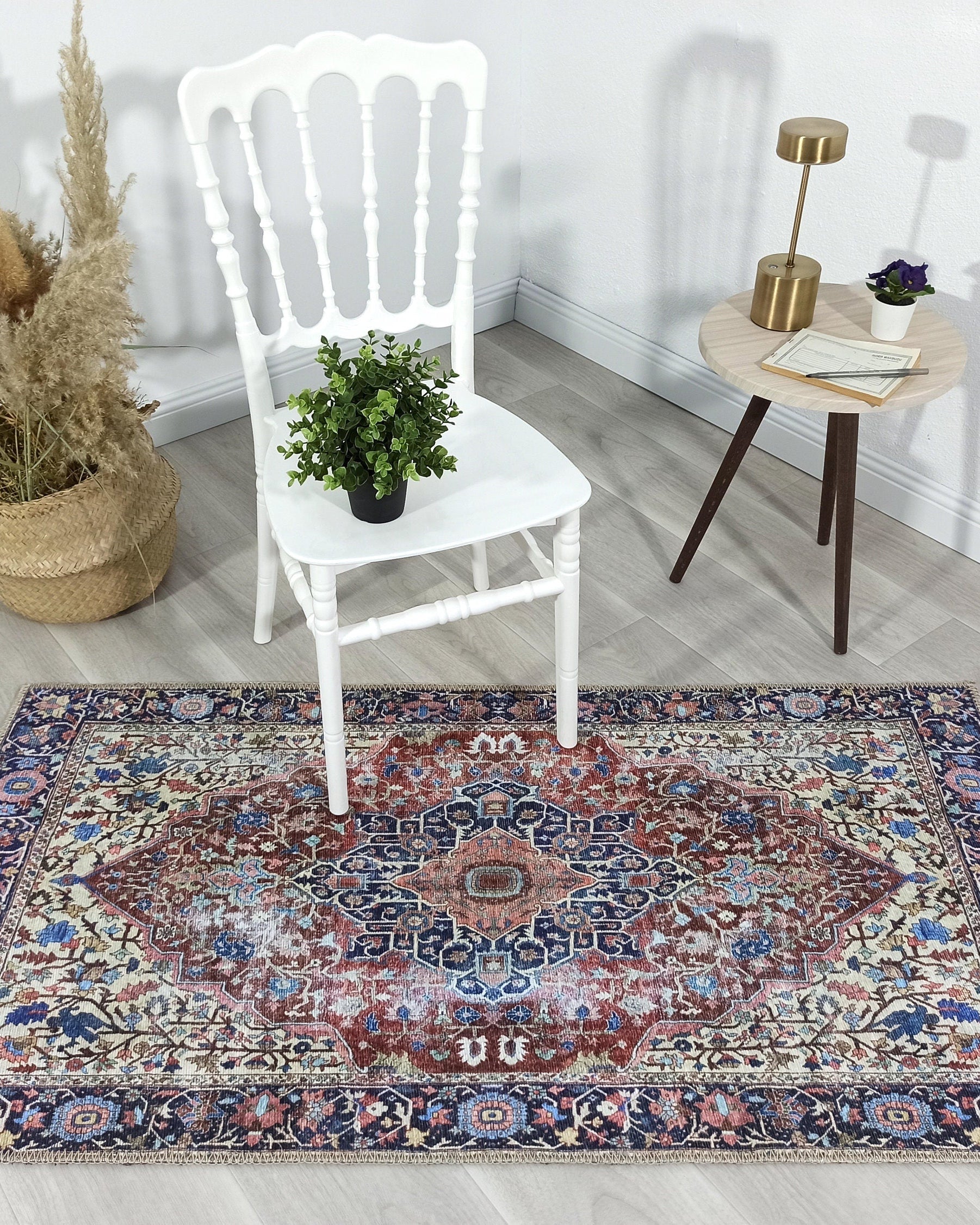 Mero Rug Persian Medallion Distressed Navy Blue Brown Rug
