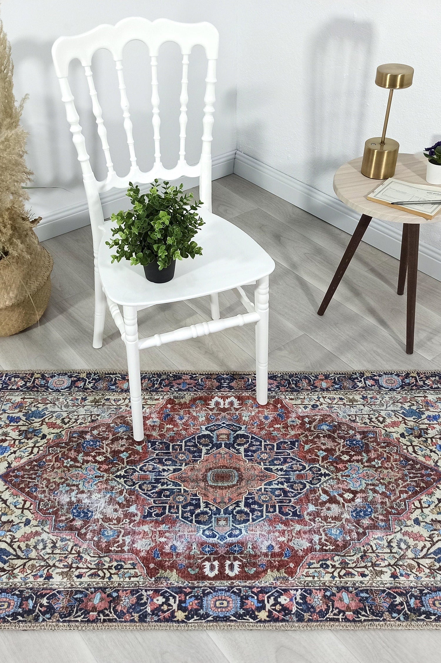 Mero Rug Persian Medallion Distressed Navy Blue Brown Rug