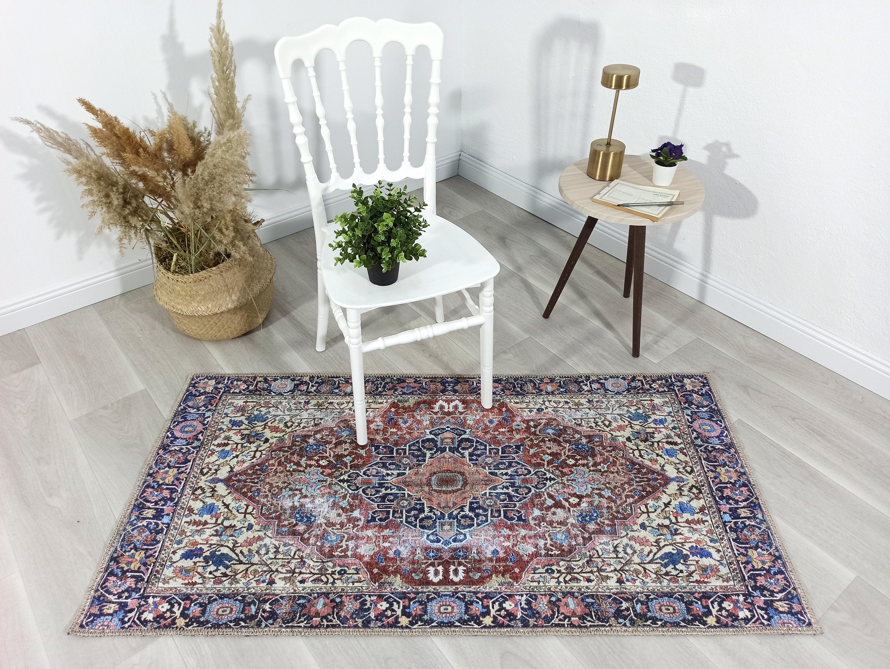 Mero Rug Persian Medallion Distressed Navy Blue Brown Rug