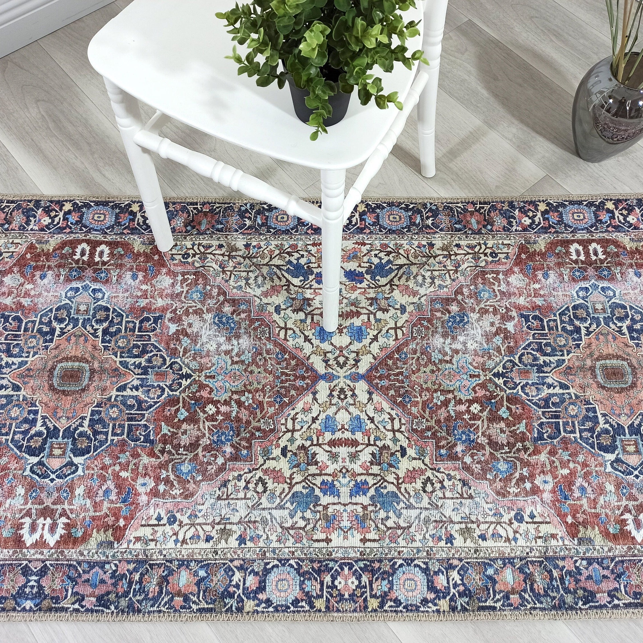 Mero Rug Persian Medallion Distressed Navy Blue Brown Rug